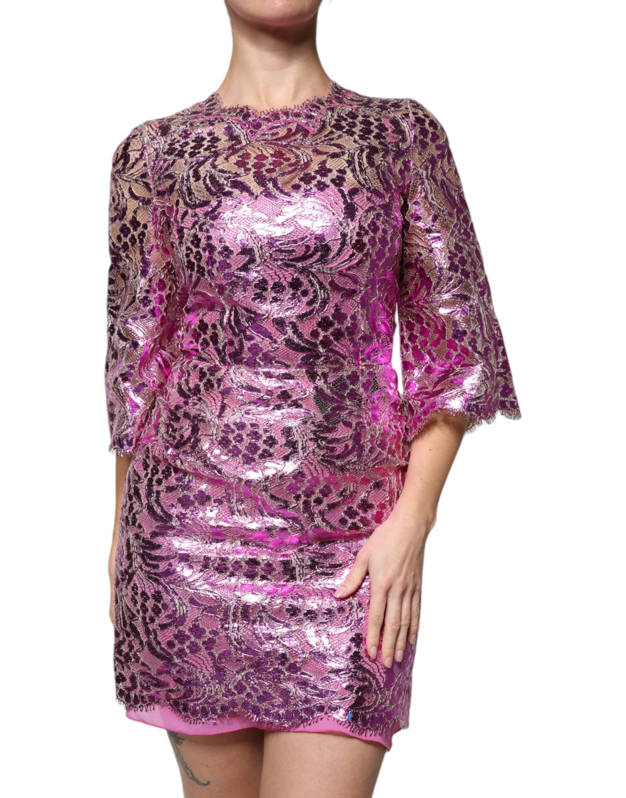 Dolce & Gabbana Metallic Fuchsia Floral Sheath Mini Dress - Image 2