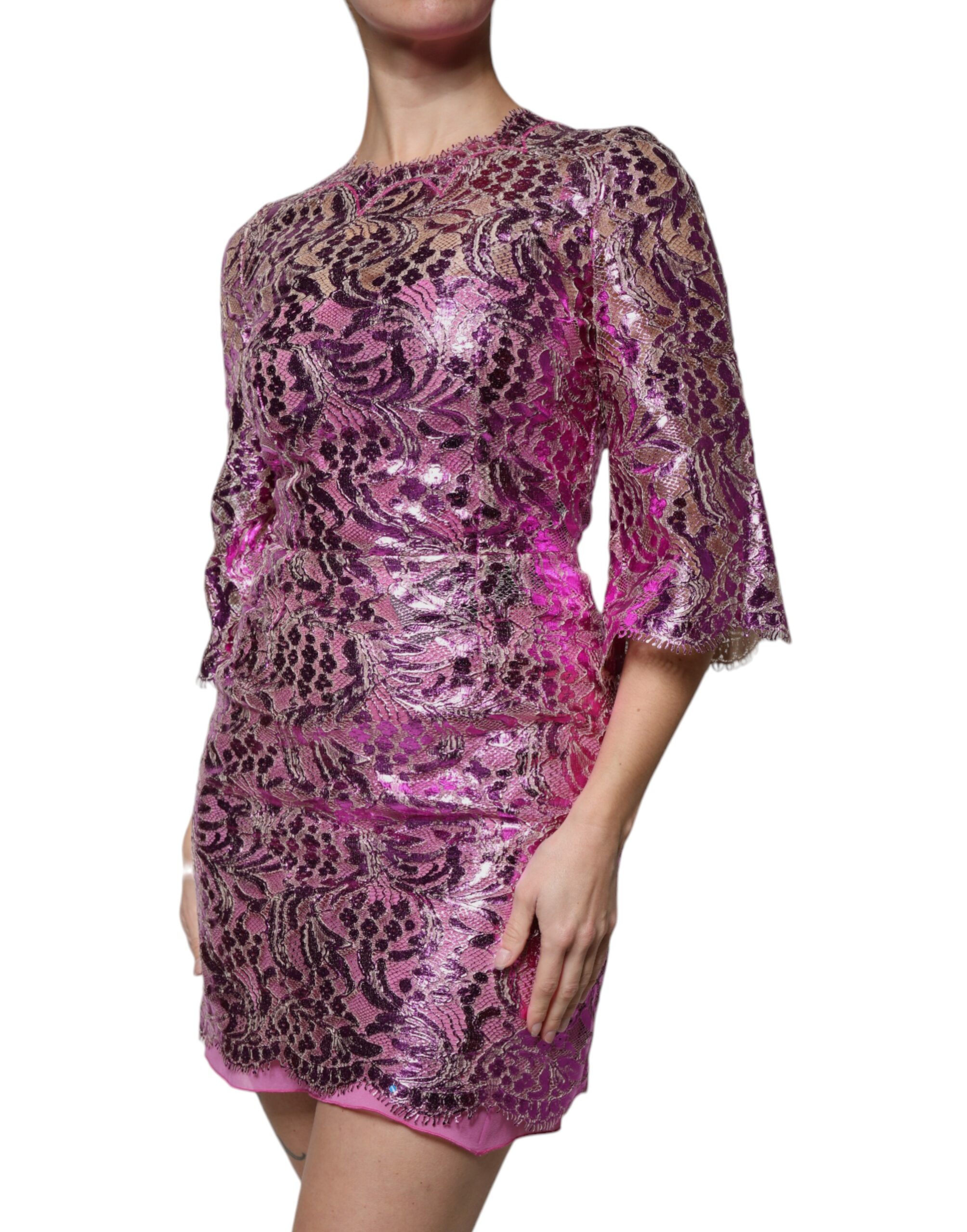 Dolce & Gabbana Metallic Fuchsia Floral Sheath Mini Dress - Image 3