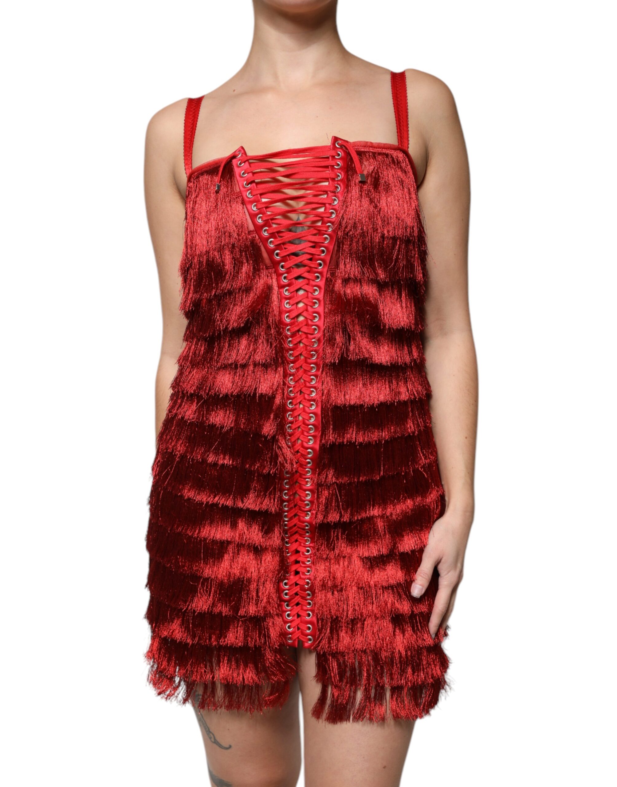 Dolce & Gabbana Red Lace Tassel Sleeveless Sheath Mini Dress - Image 2