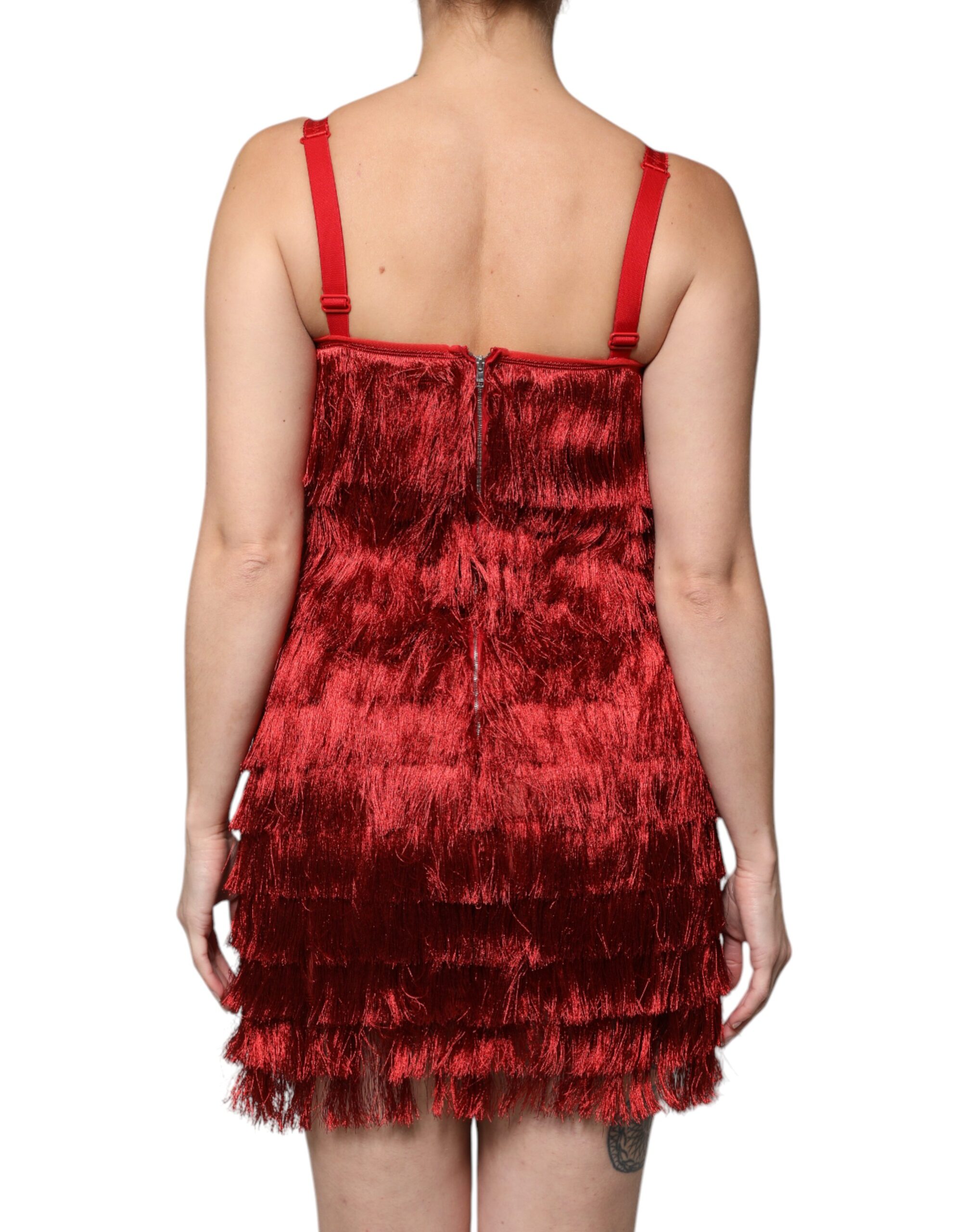 Dolce & Gabbana Red Lace Tassel Sleeveless Sheath Mini Dress - Image 4
