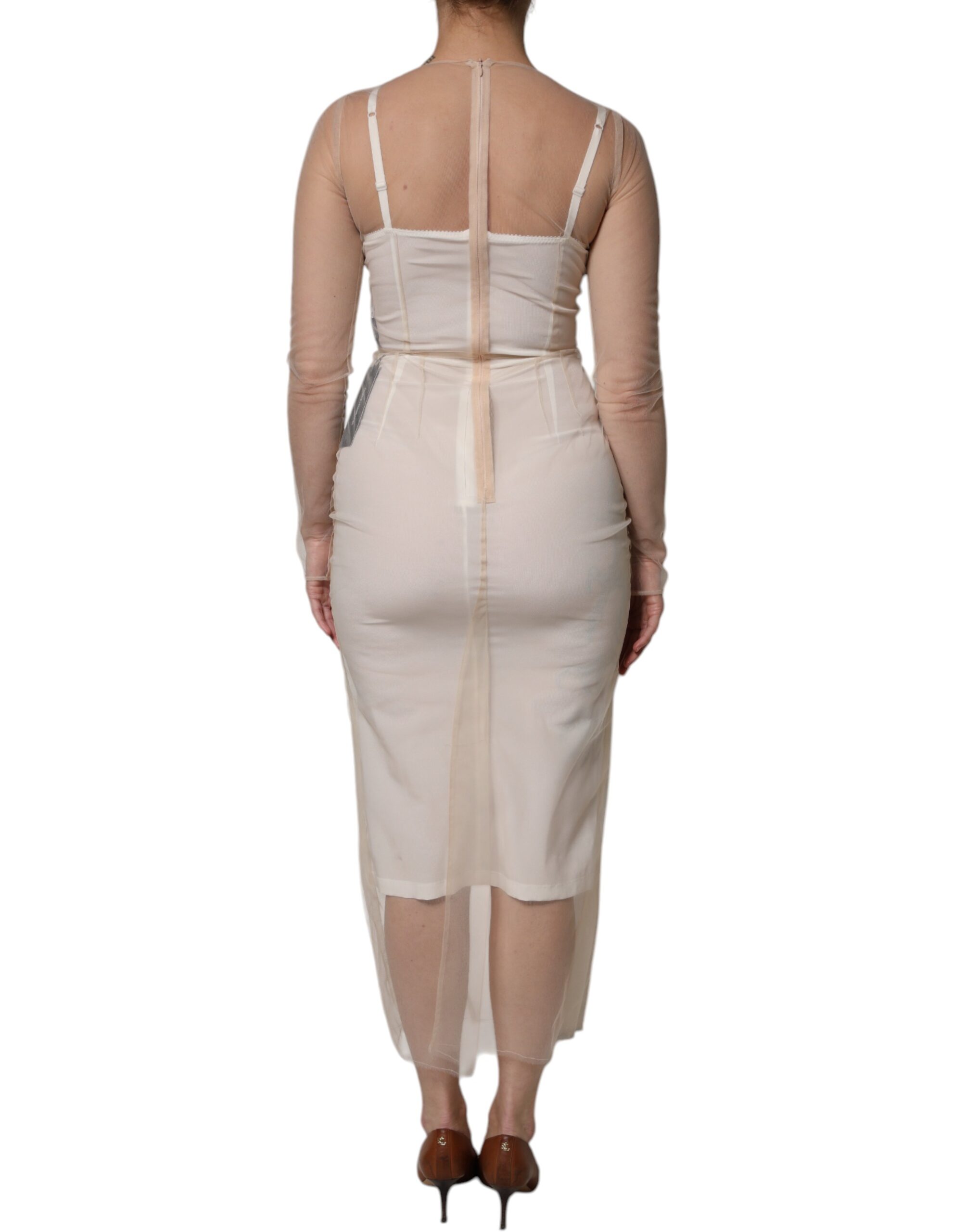 Dolce & Gabbana White Sheer Tulle Bustier Bodycon Midi Dress - Image 4