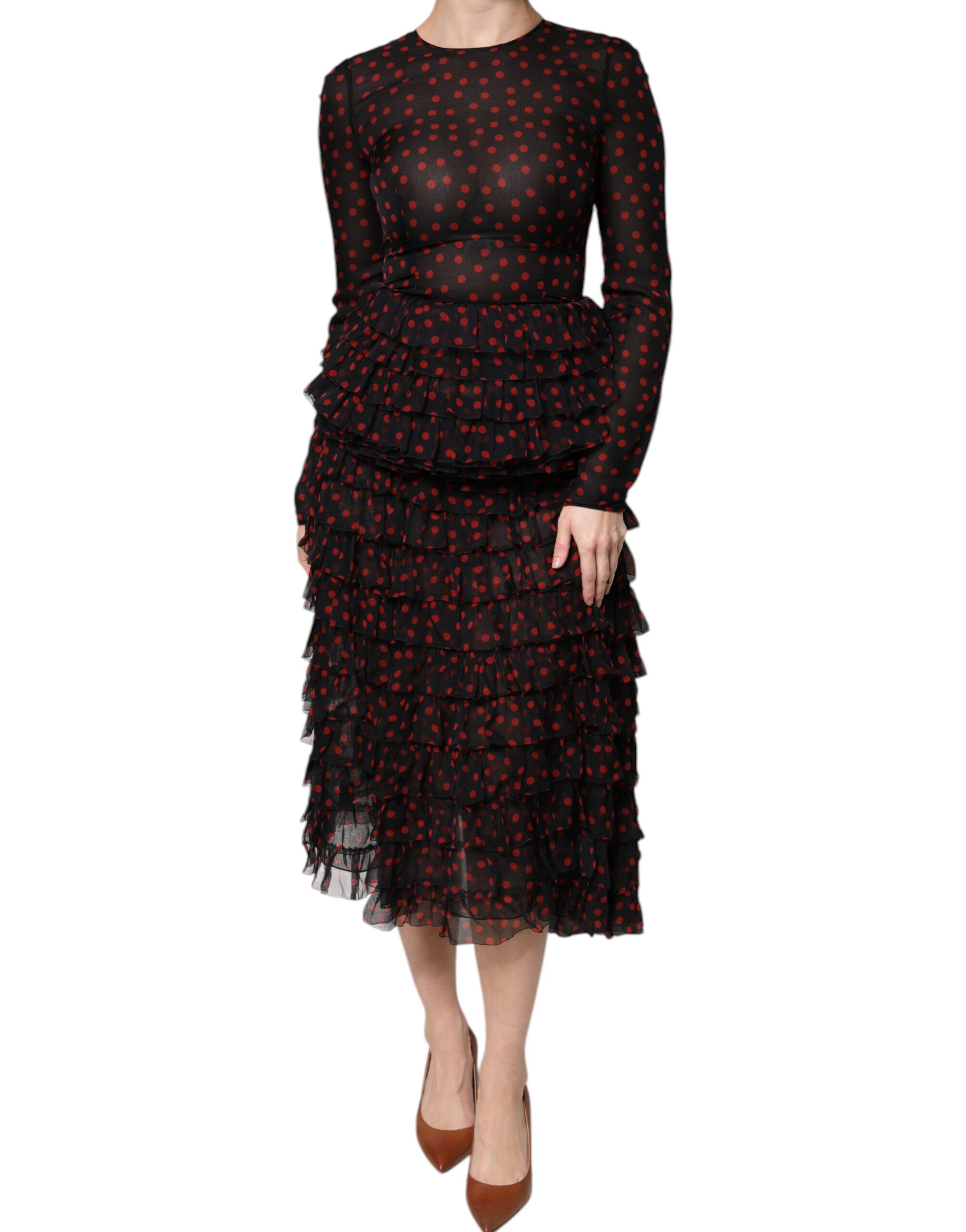 Dolce & Gabbana Black Red Polka Dot Silk Layered Midi Dress - Image 2