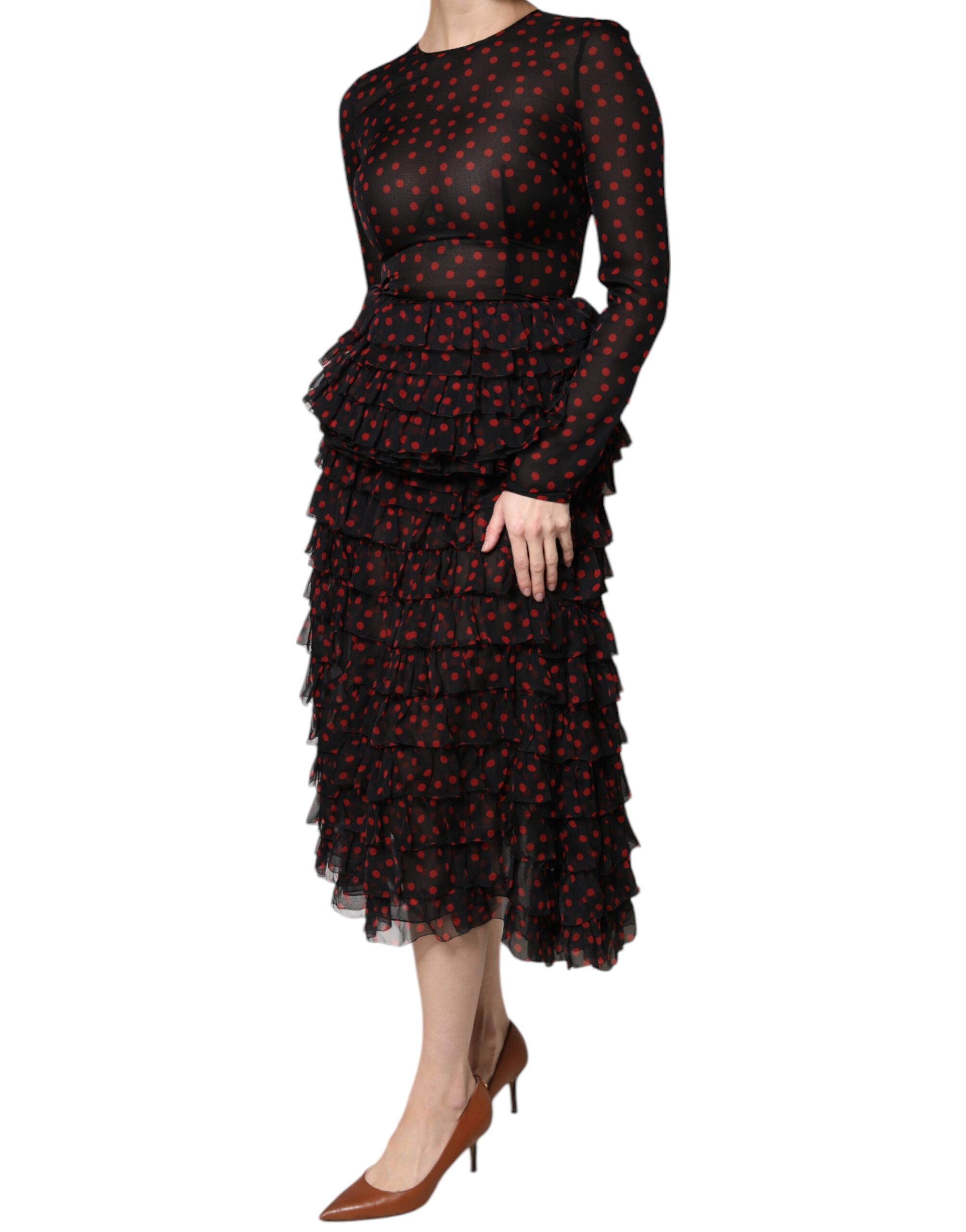Dolce & Gabbana Black Red Polka Dot Silk Layered Midi Dress - Image 3