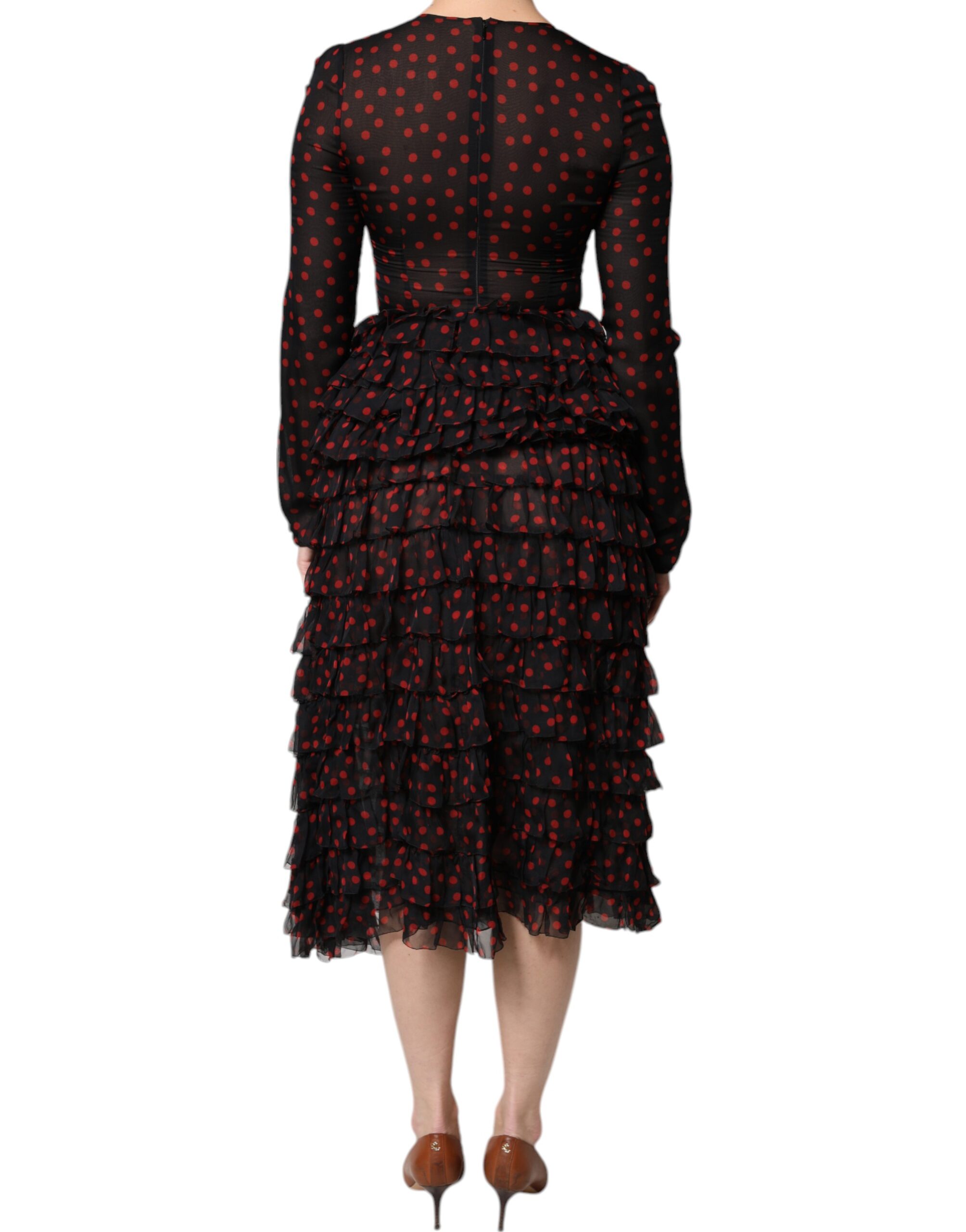 Dolce & Gabbana Black Red Polka Dot Silk Layered Midi Dress - Image 4