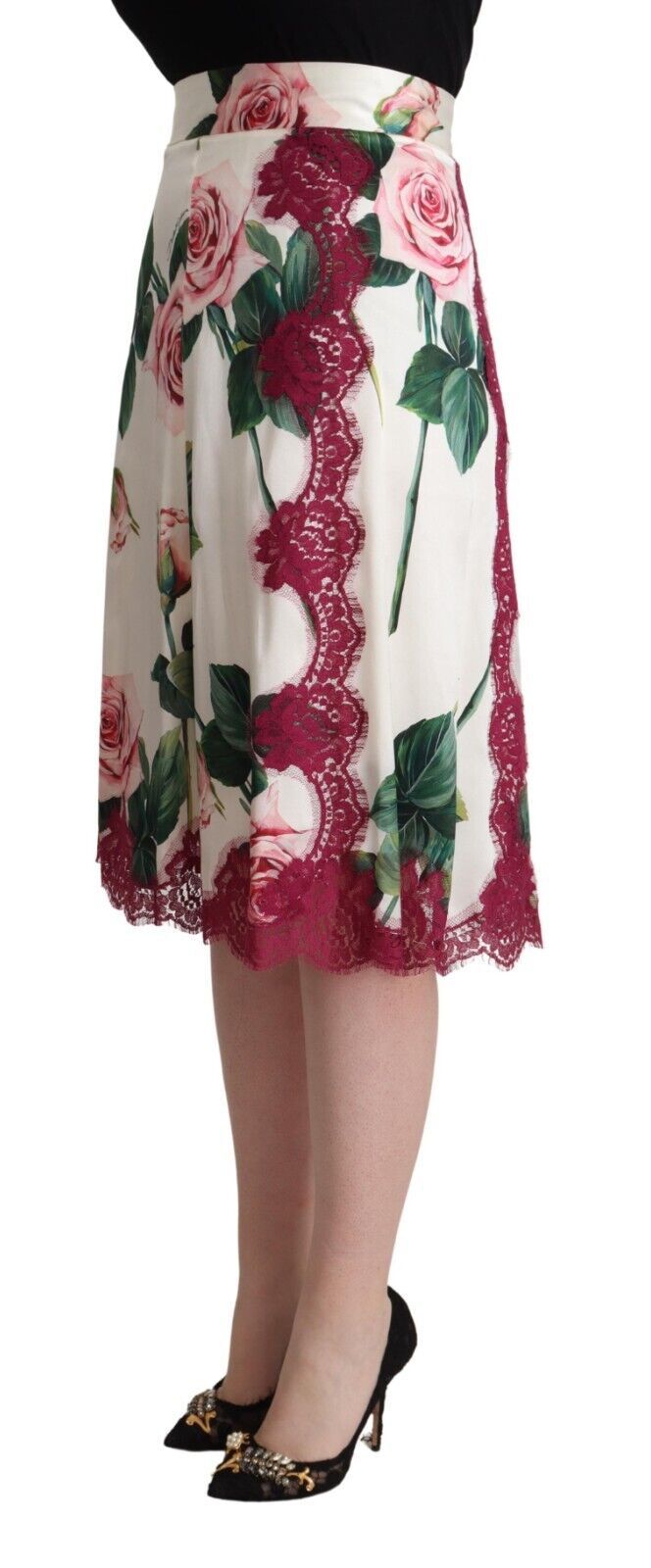 Dolce & Gabbana White Rose Print High Waist Midi A-line Skirt - Image 2