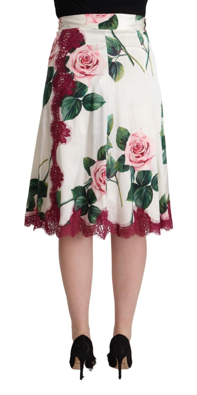 Dolce & Gabbana White Rose Print High Waist Midi A-line Skirt - Image 3