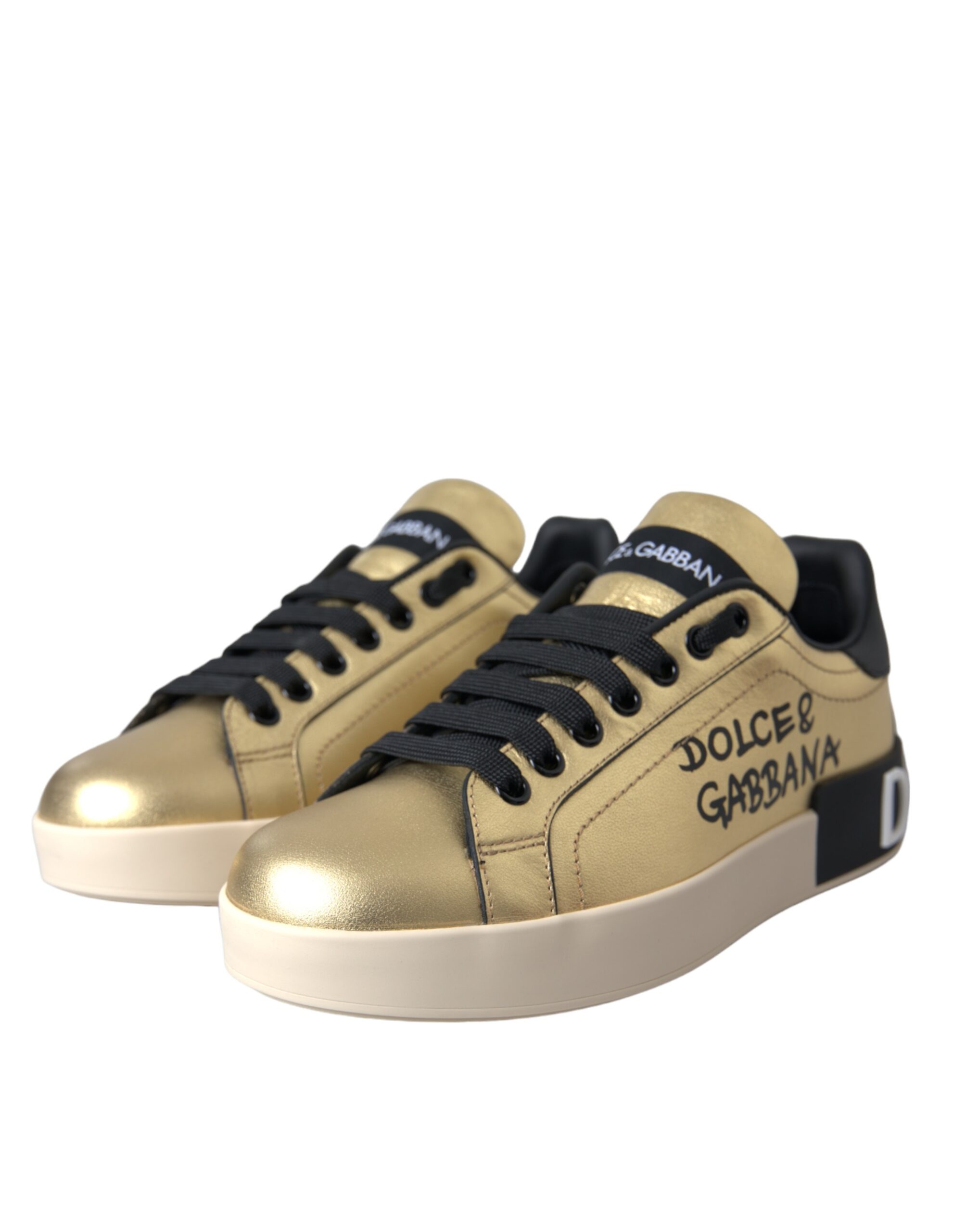 Dolce & Gabbana Gold Portofino Calf Leather Sneakers Women Shoes - Image 3