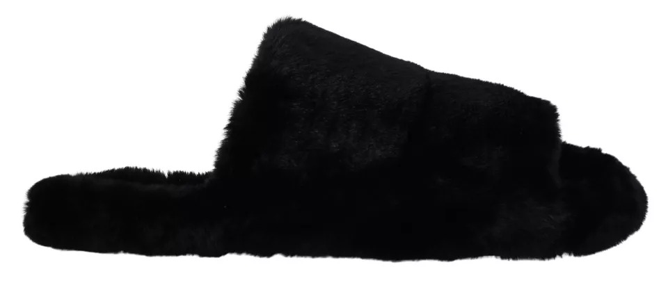 Dolce & Gabbana Black Polyester Faux Fur Mens Flats Sandals Shoes - Image 7