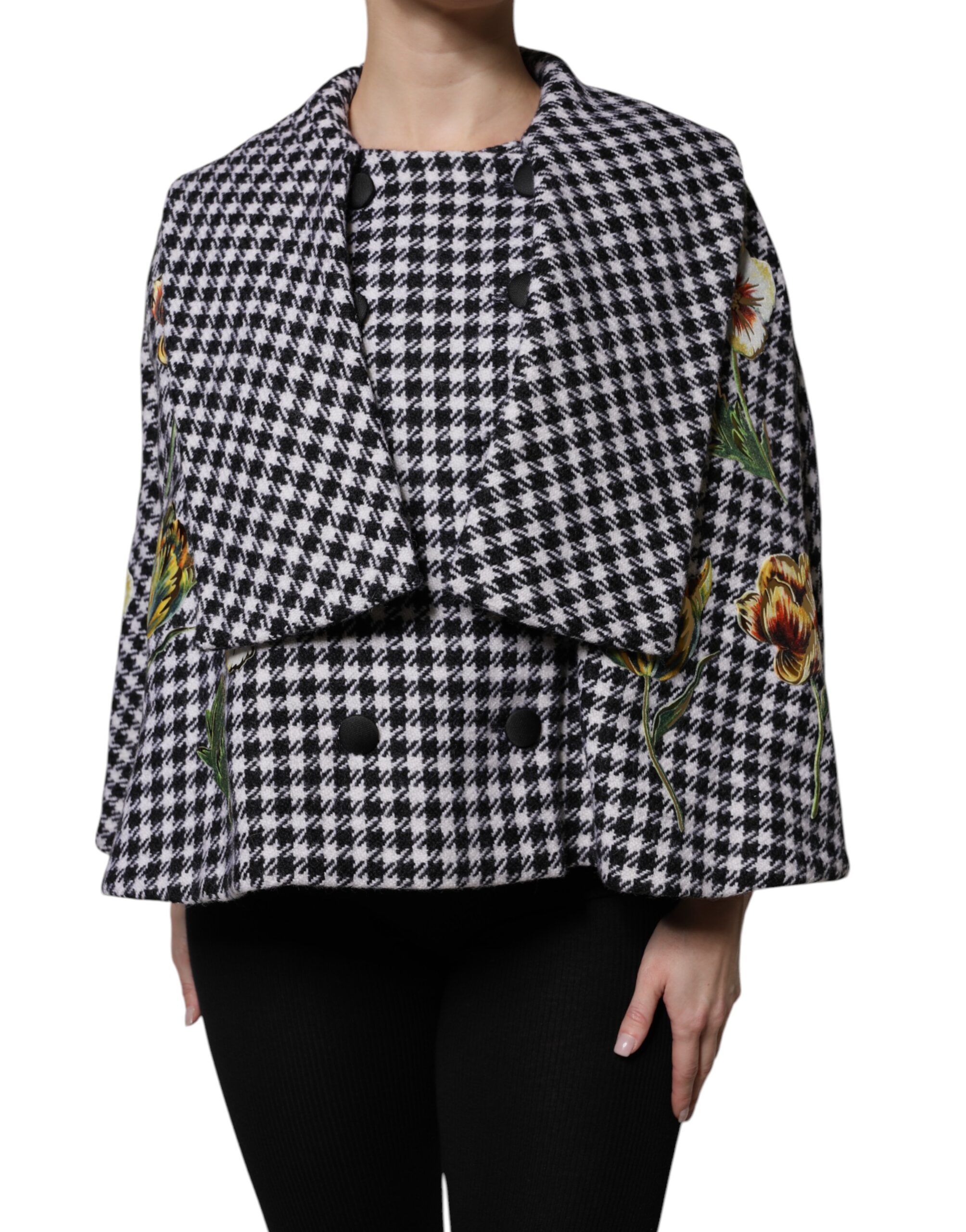 Dolce & Gabbana Black White Monochrome Patterned Floral Cape Jacket - Image 2