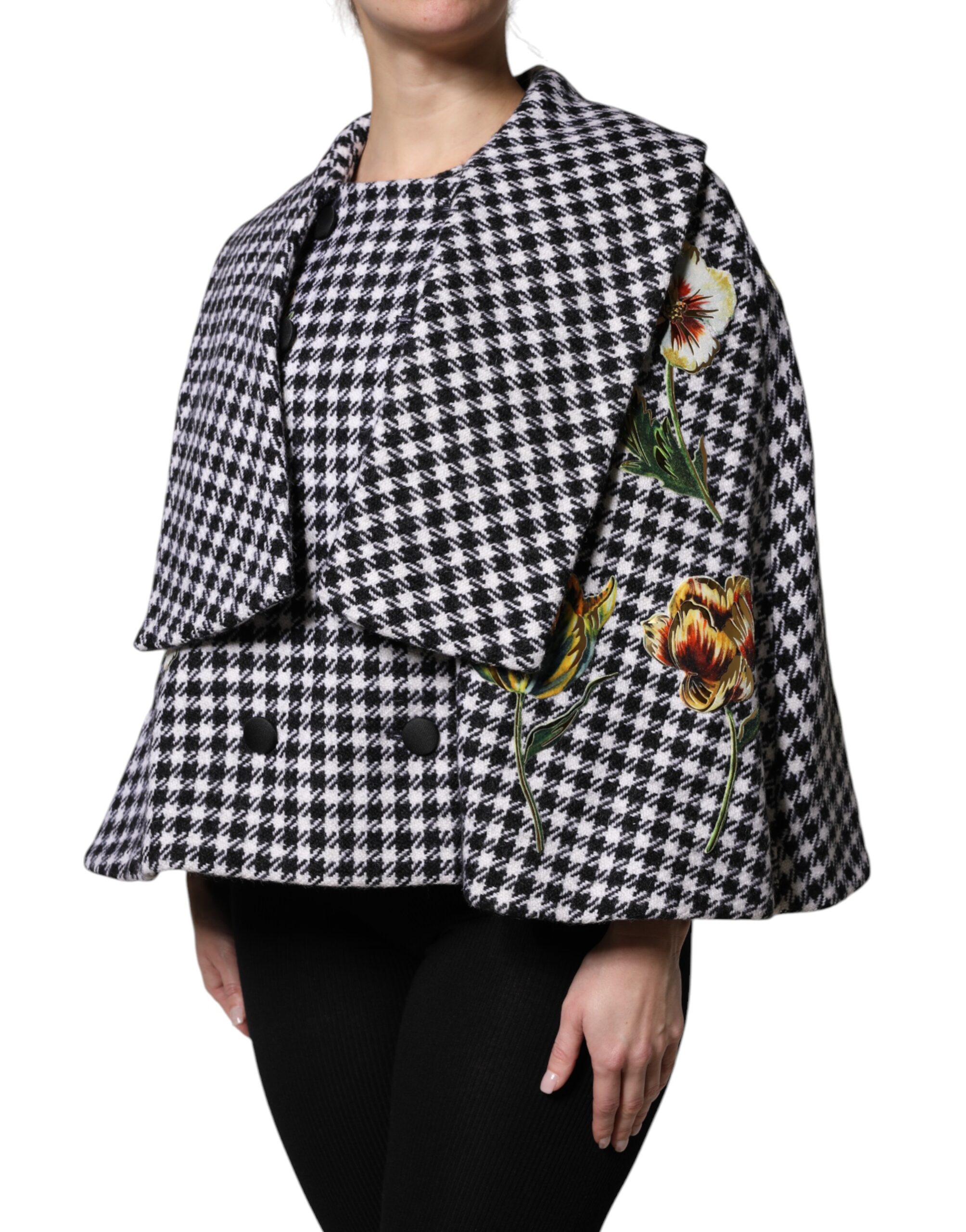 Dolce & Gabbana Black White Monochrome Patterned Floral Cape Jacket - Image 3