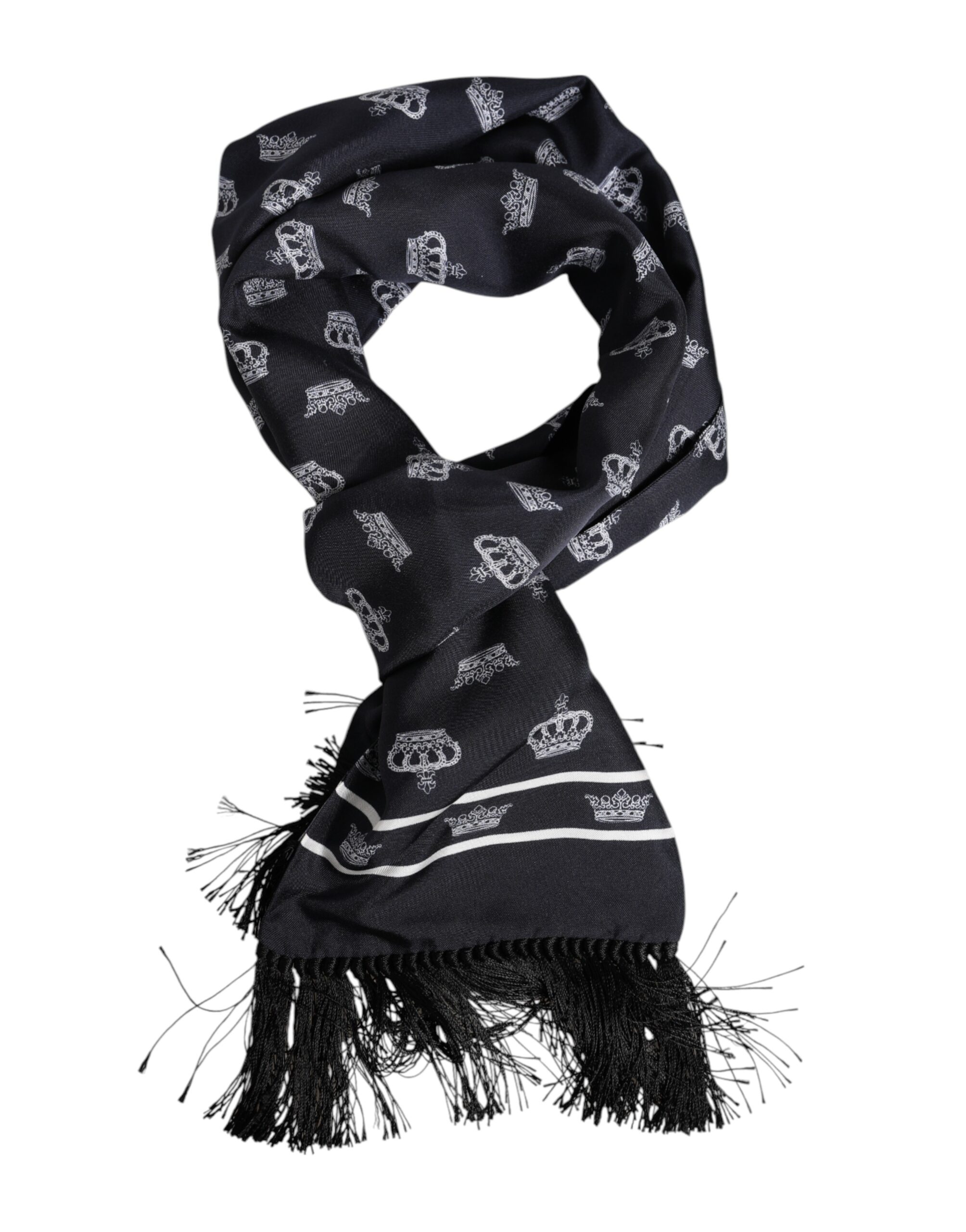 Dolce & Gabbana Black Silk Crown Fringes Men Foulard Scarf - Image 4