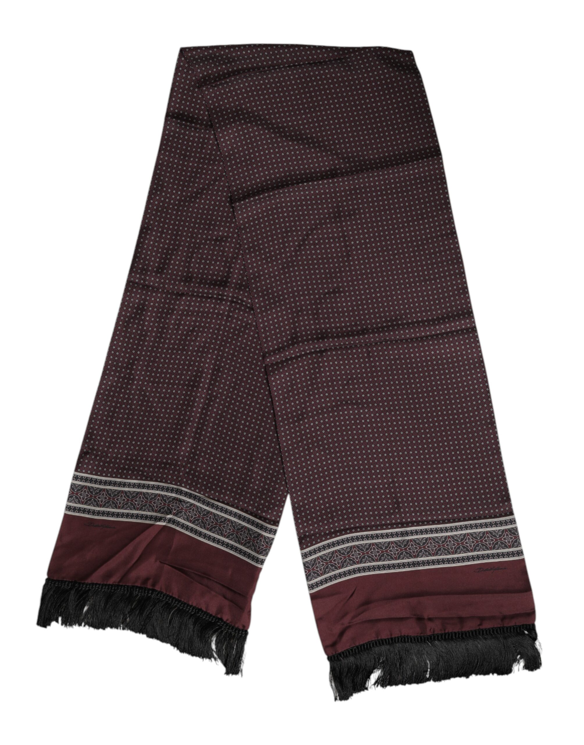 Dolce & Gabbana Maroon Dotted Silk Fringes Foulard Scarf - Image 2