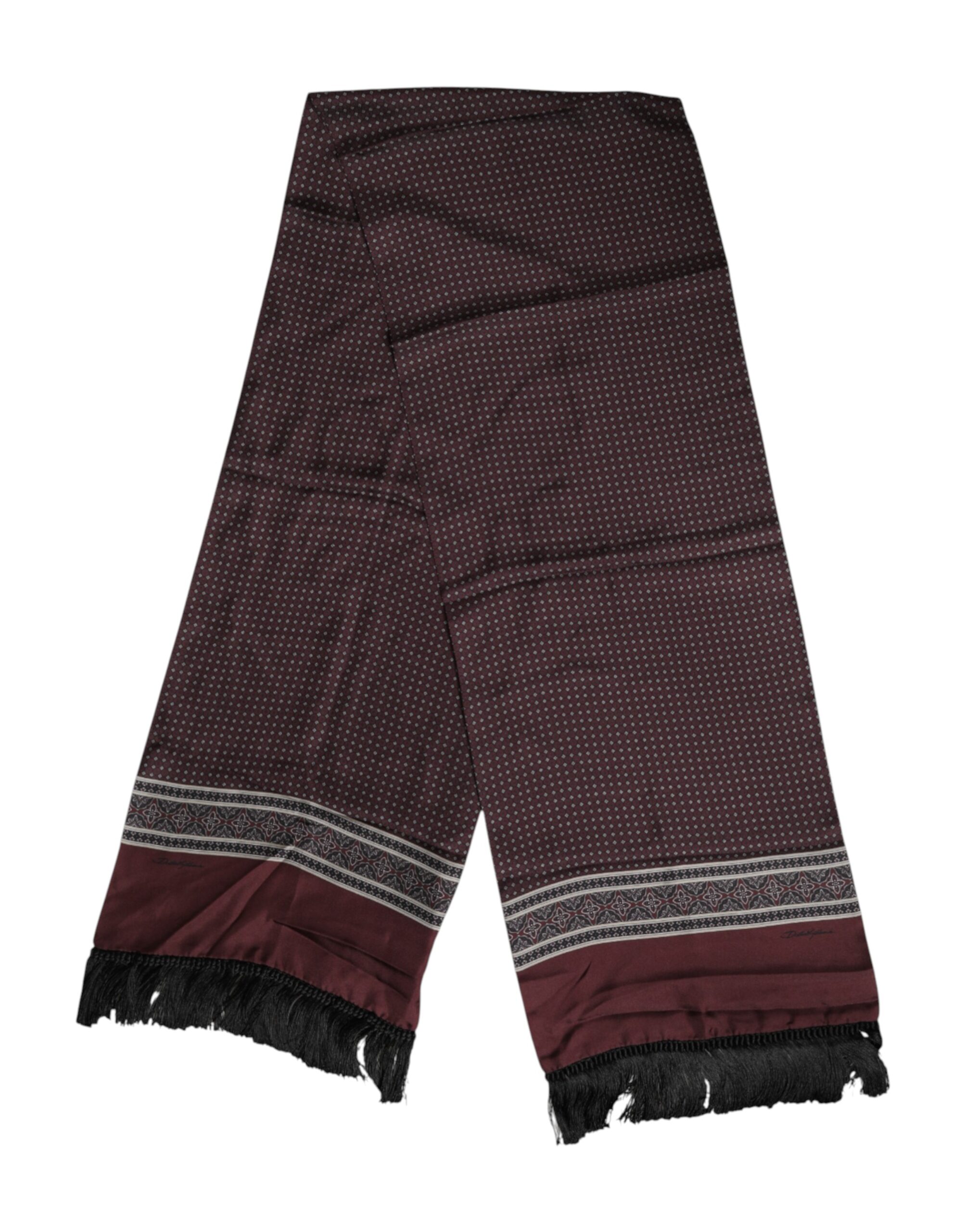 Dolce & Gabbana Maroon Dotted Silk Fringes Foulard Scarf - Image 3