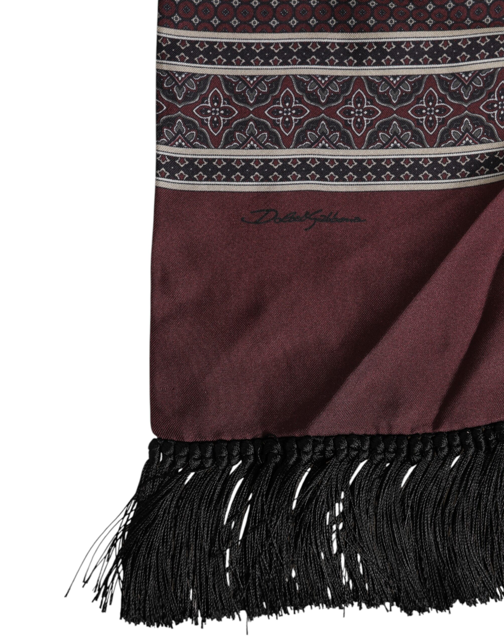 Dolce & Gabbana Maroon Dotted Silk Fringes Foulard Scarf - Image 4