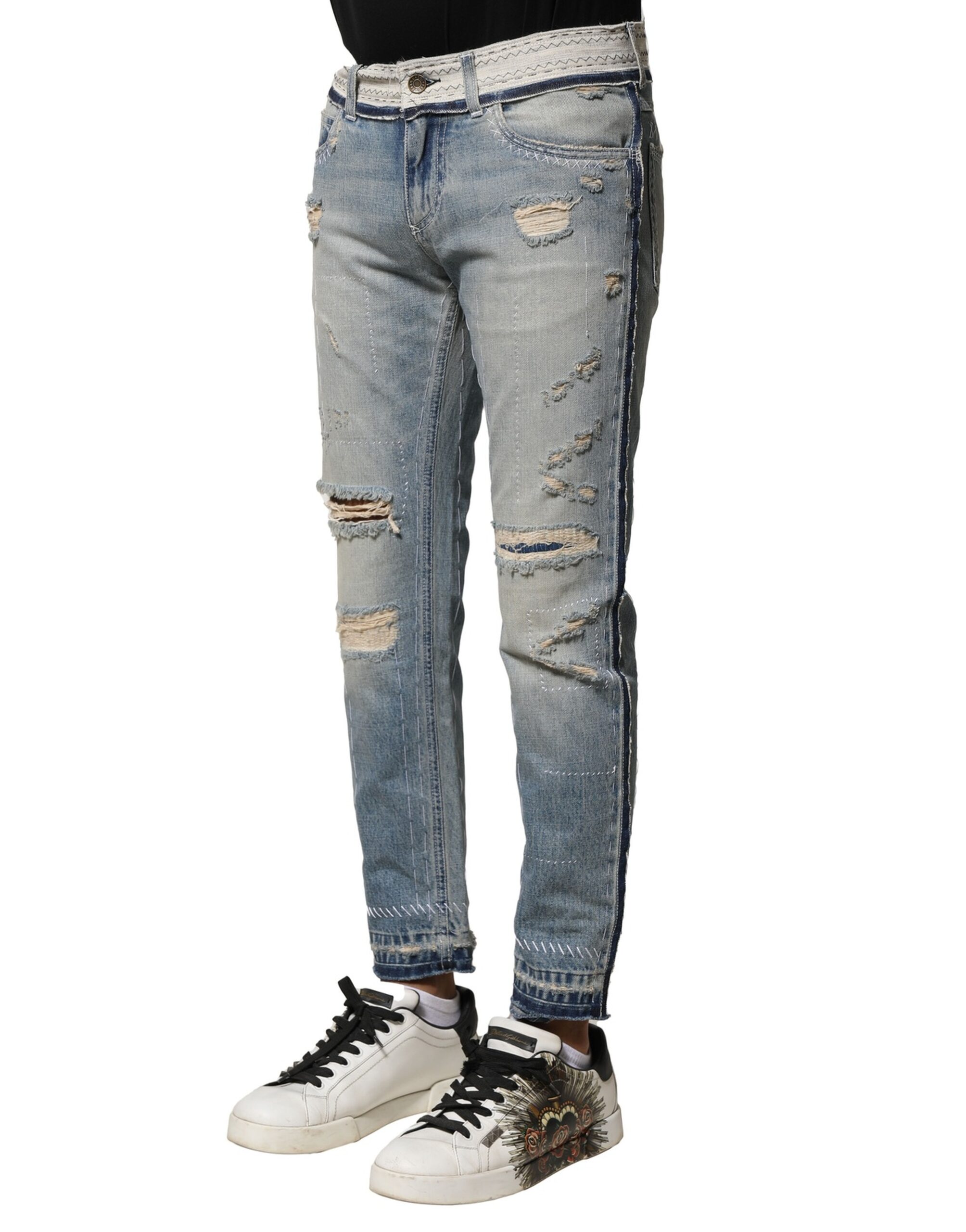 Dolce & Gabbana Light Blue Tattered Straight Men Denim Jeans - Image 3