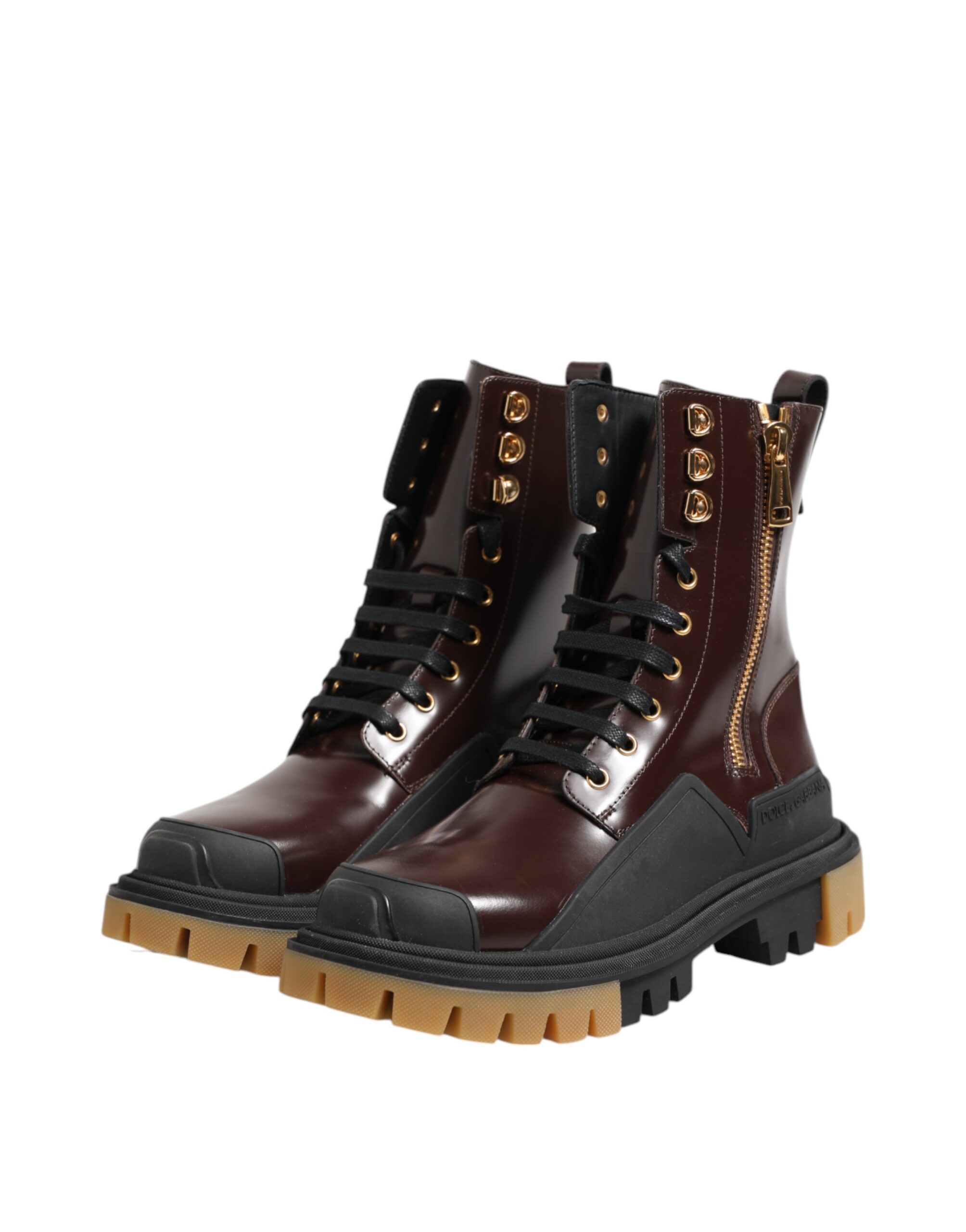 Dolce & Gabbana Brown Black Leather Boots Zipper Lace Up Shoes - Image 4