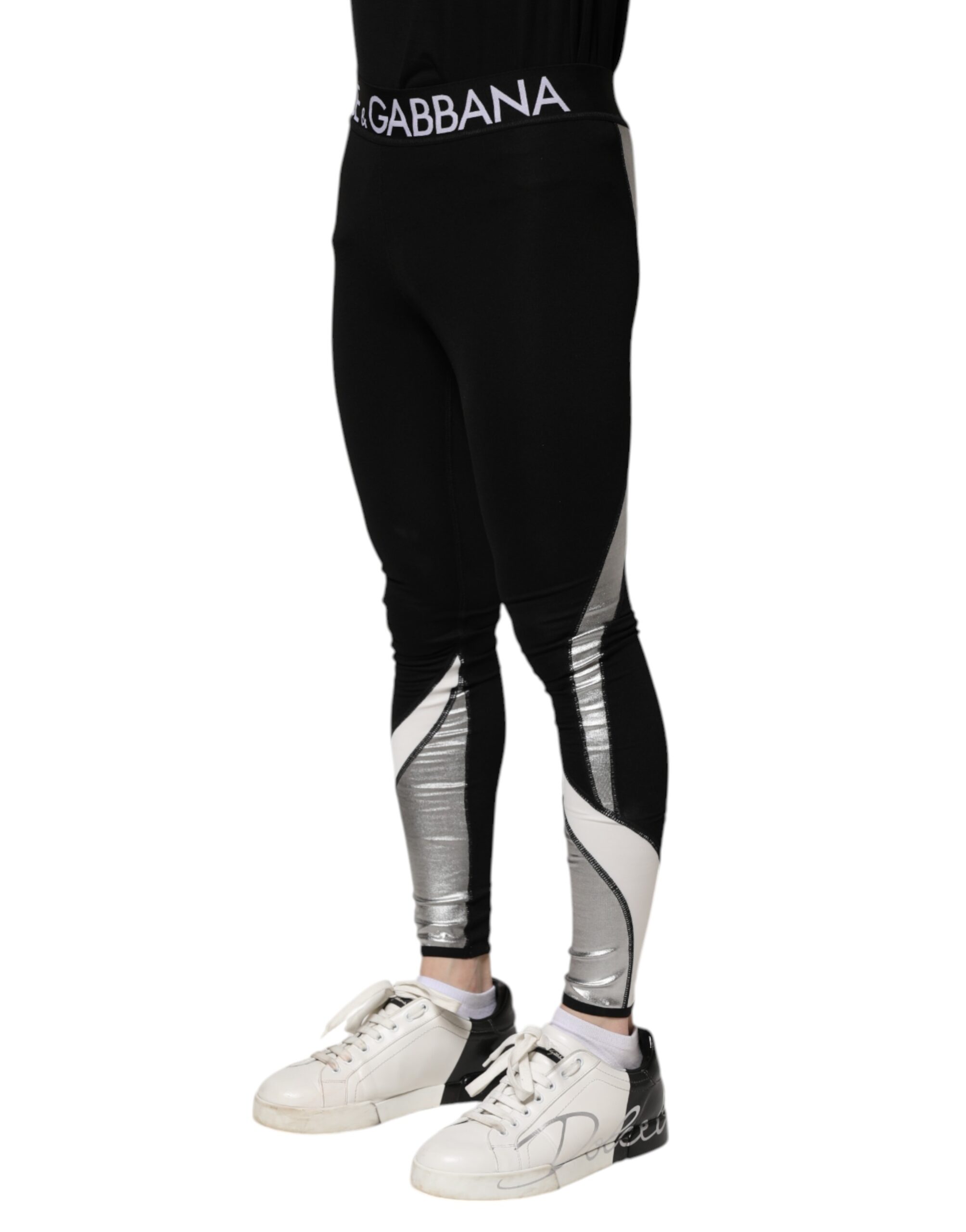 Dolce & Gabbana Black Silver Nylon Skinny Men Leggings Pants - Image 3