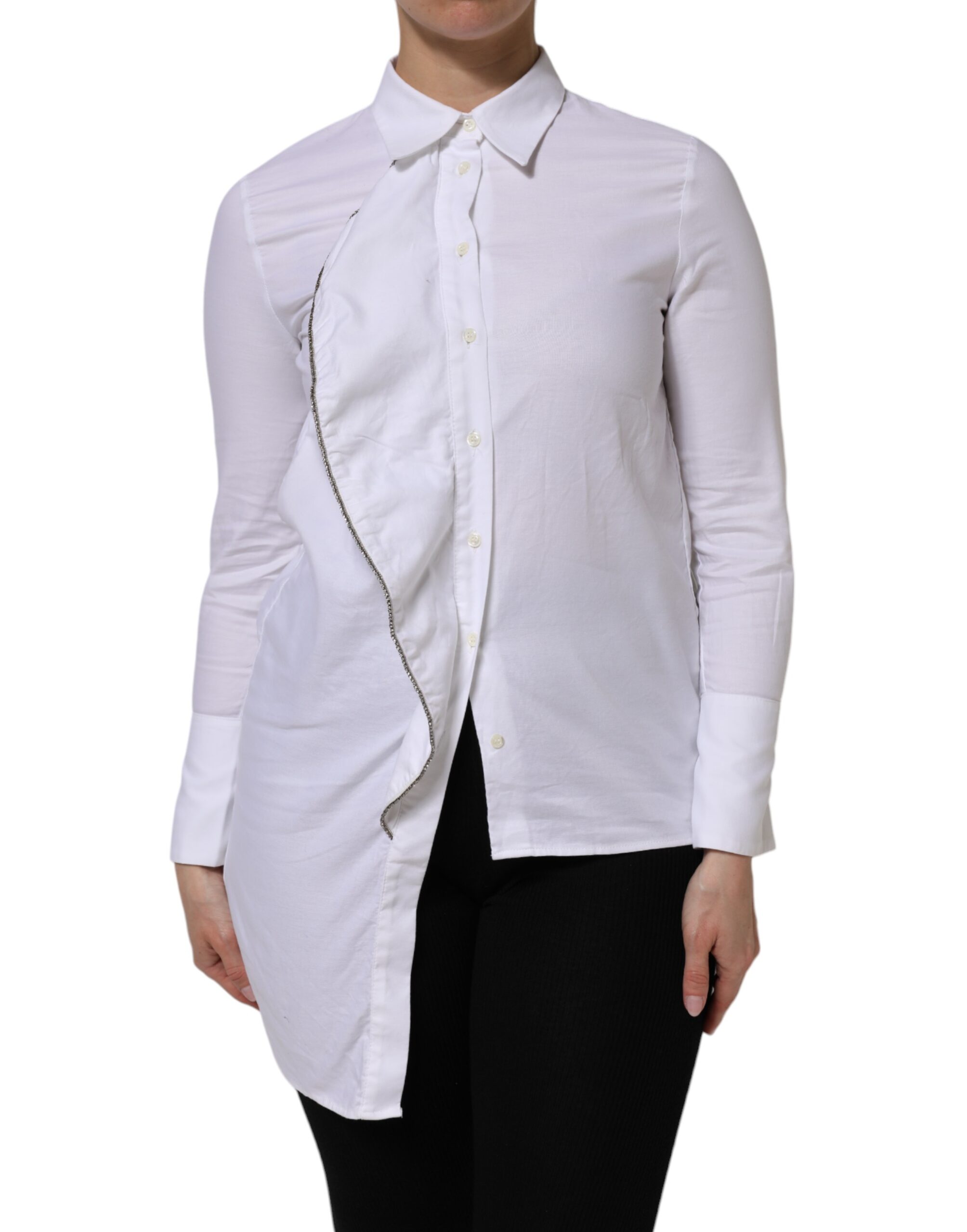 AGLINI White Cotton Collared Long Sleeves Ruffle Top Shirt - Image 2