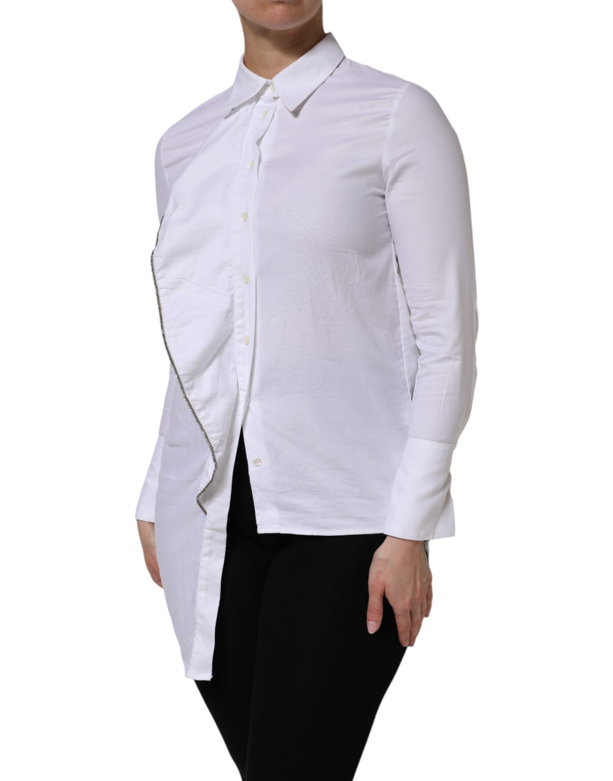 AGLINI White Cotton Collared Long Sleeves Ruffle Top Shirt - Image 3