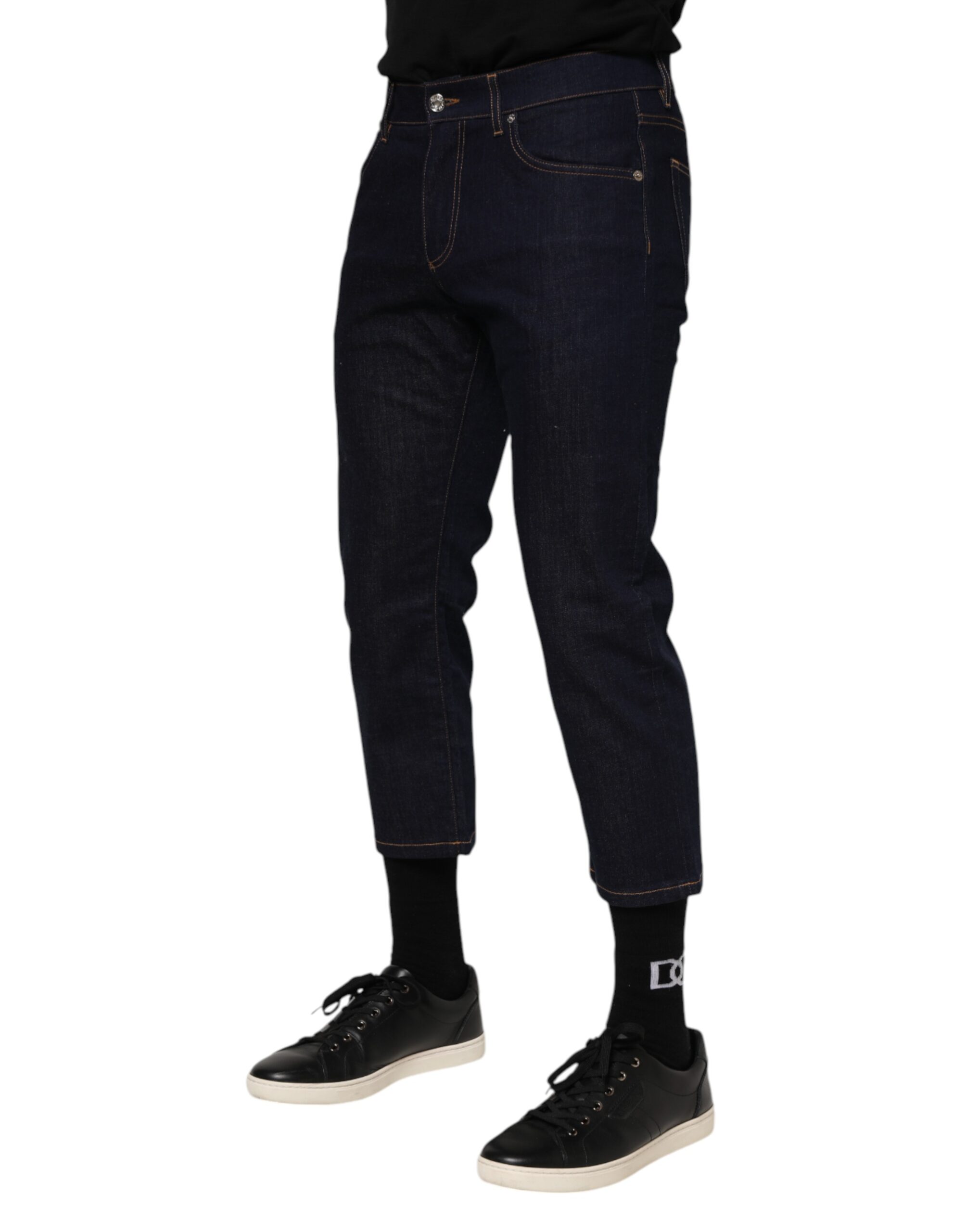 Dolce & Gabbana Dark Blue Cotton Logo Slim Fit Men Denim Jeans - Image 3