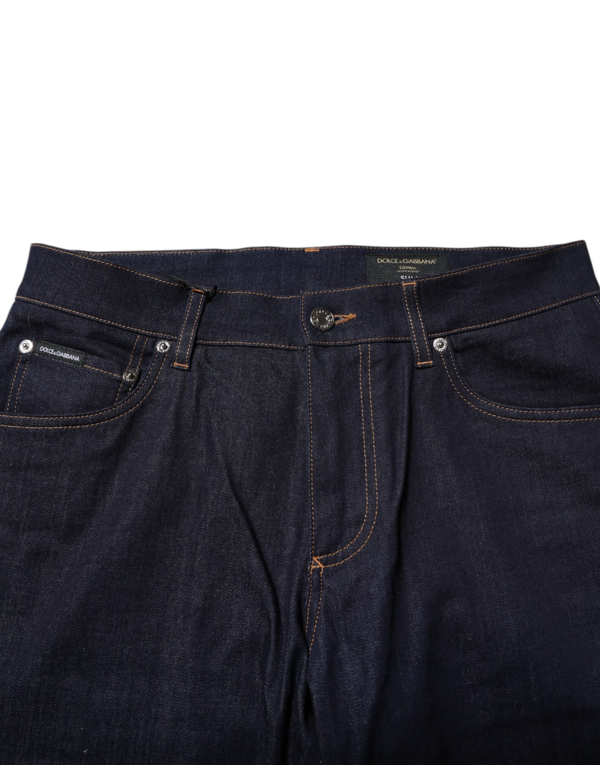 Dolce & Gabbana Dark Blue Cotton Logo Slim Fit Men Denim Jeans - Image 5