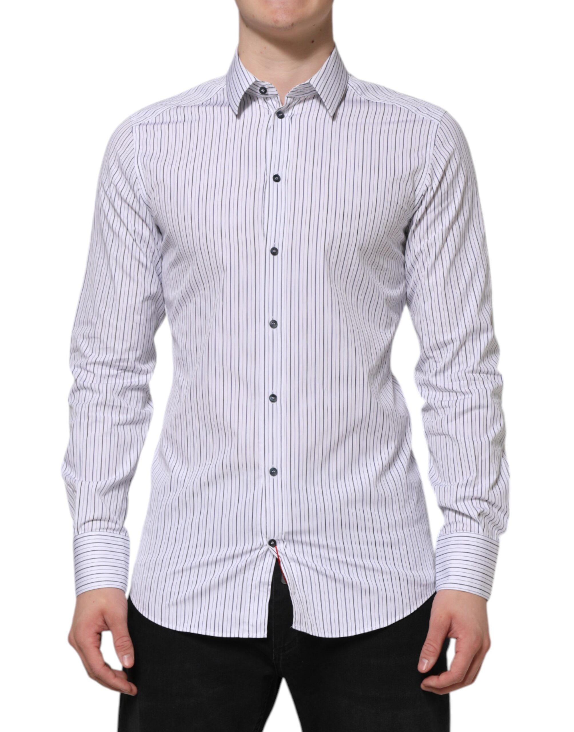 Dolce & Gabbana White Blue Striped Cotton GOLD Formal Shirt - Image 2