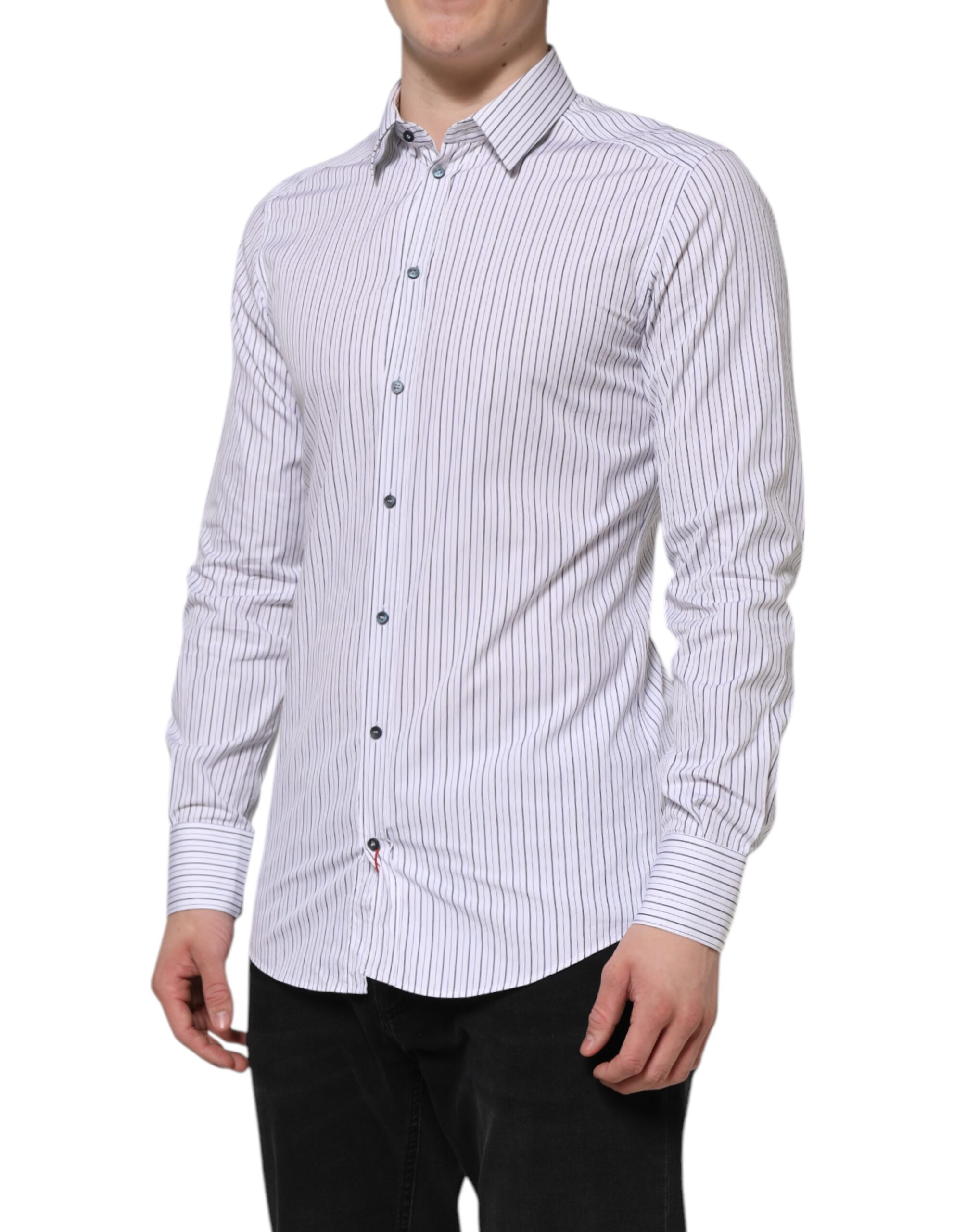 Dolce & Gabbana White Blue Striped Cotton GOLD Formal Shirt - Image 3