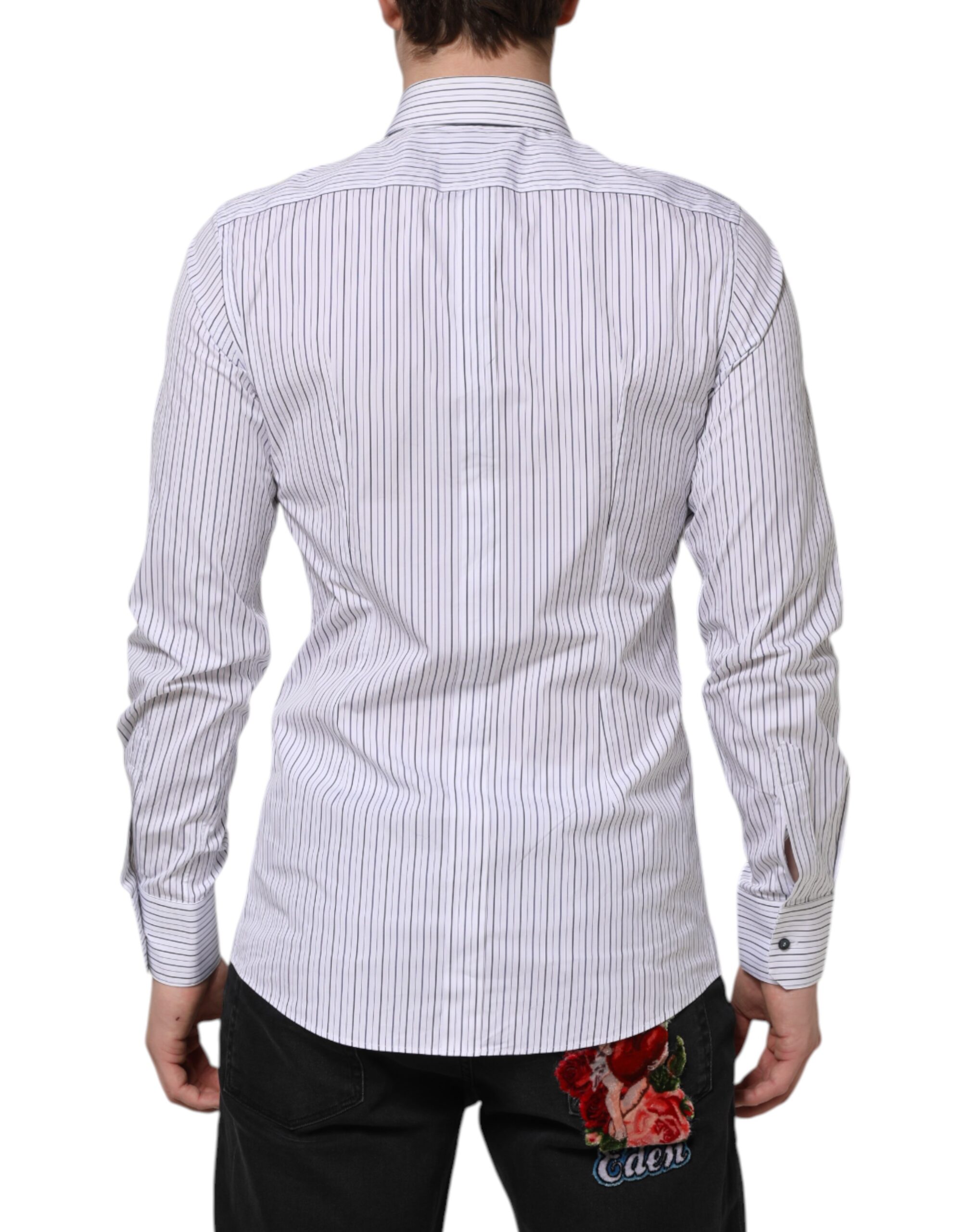 Dolce & Gabbana White Blue Striped Cotton GOLD Formal Shirt - Image 4