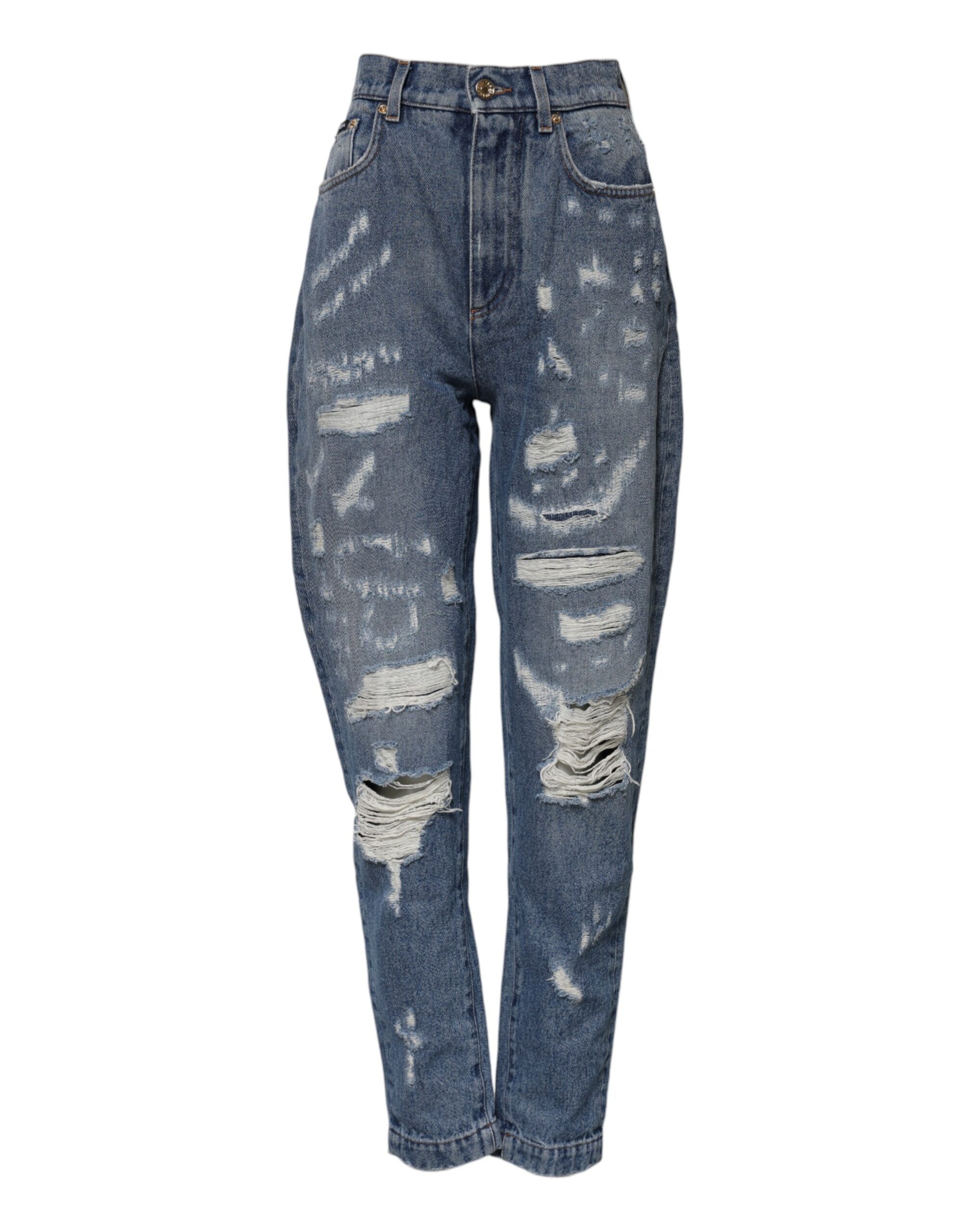 Dolce & Gabbana Blue Cotton Tattered High Waist Denim Jeans - Image 2
