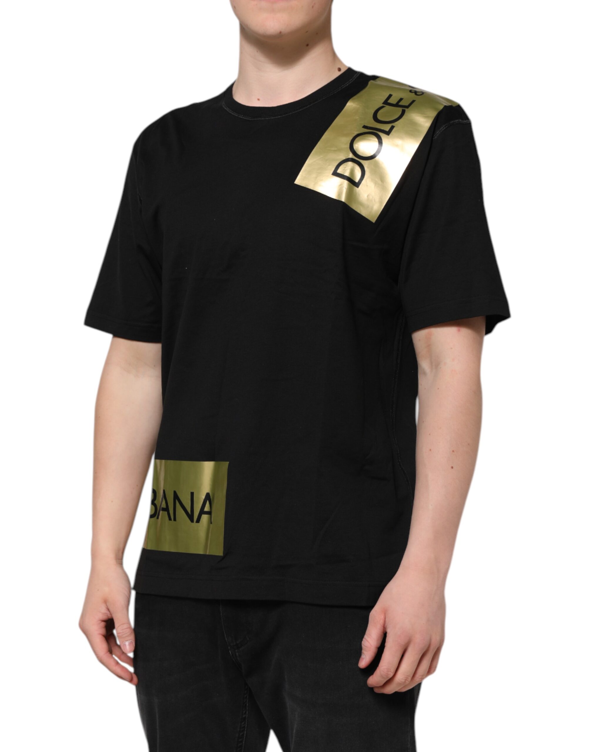 Dolce & Gabbana Black Logo Tape Cotton Men Crew Neck T-shirt - Image 3