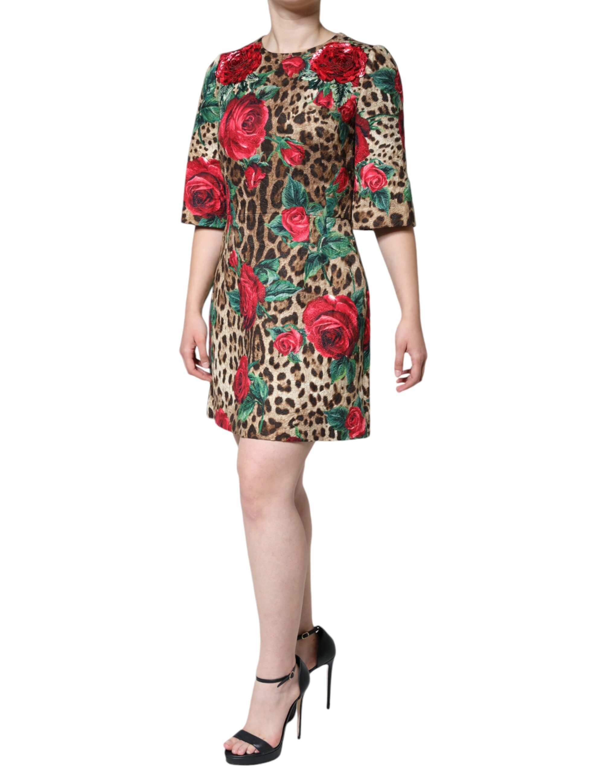 Dolce & Gabbana Brown Leopard Red Roses Cotton A-line Dress - Image 3