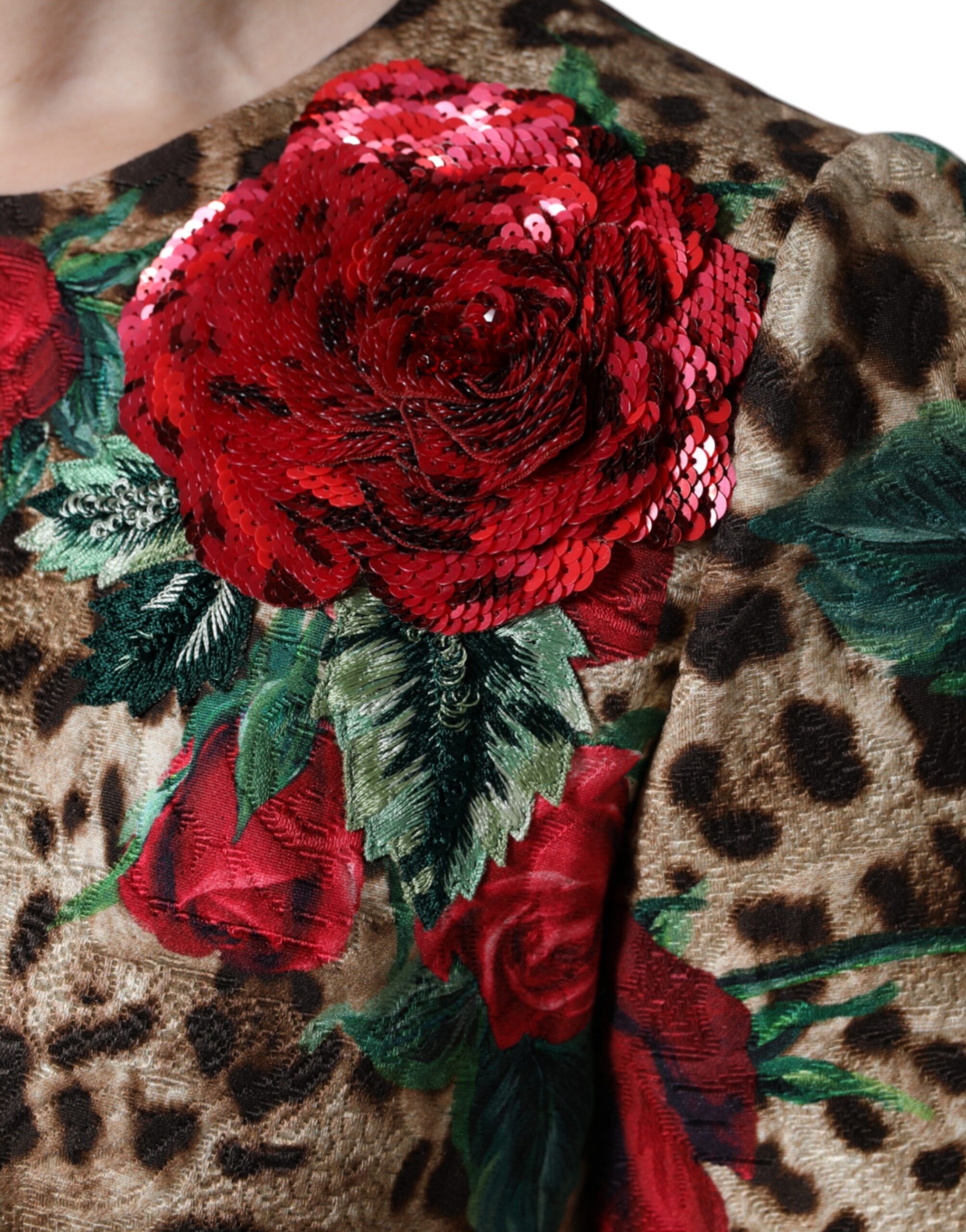 Dolce & Gabbana Brown Leopard Red Roses Cotton A-line Dress - Image 8