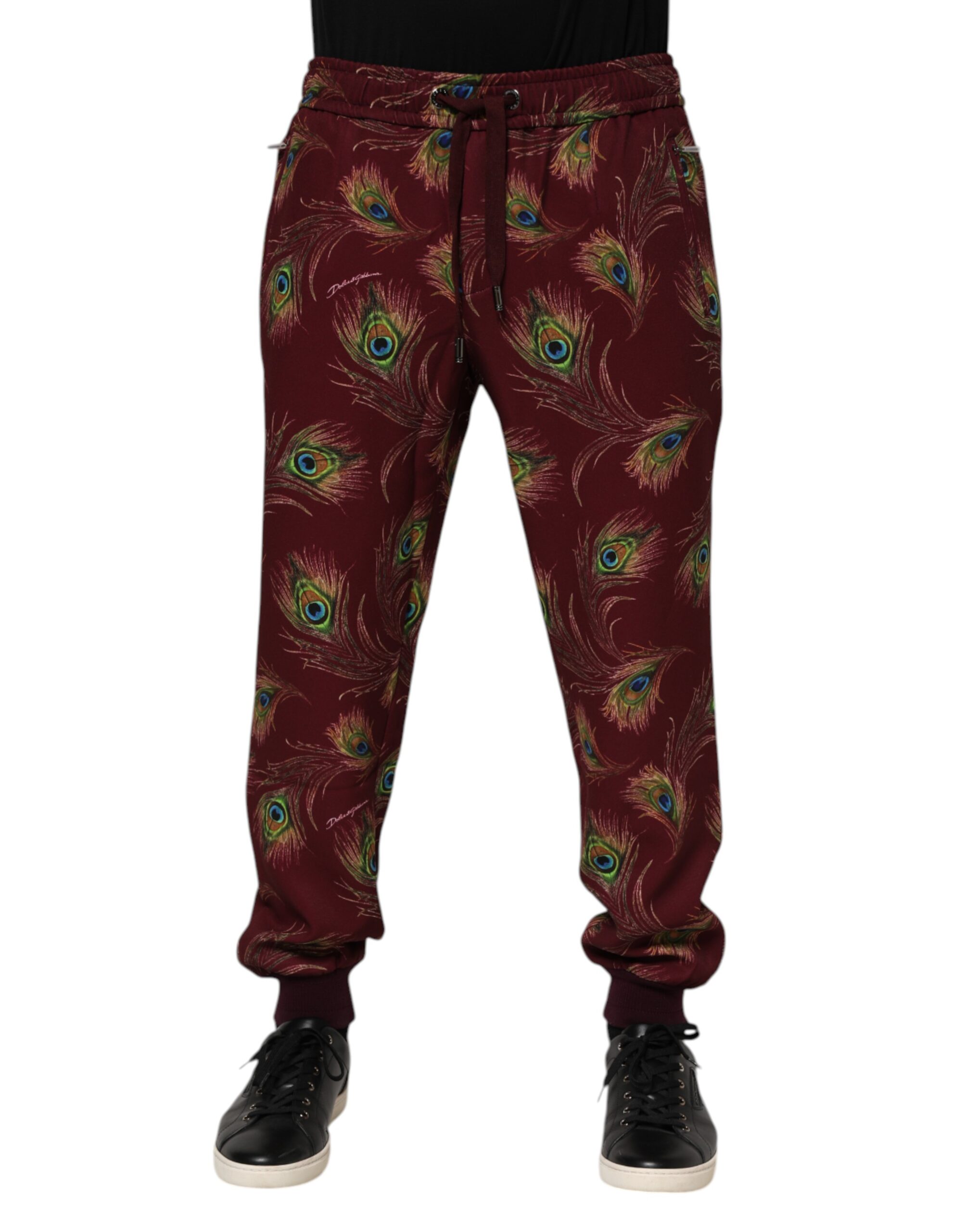Dolce & Gabbana Burgundy Peacock Feather Print Jogger Pants - Image 2