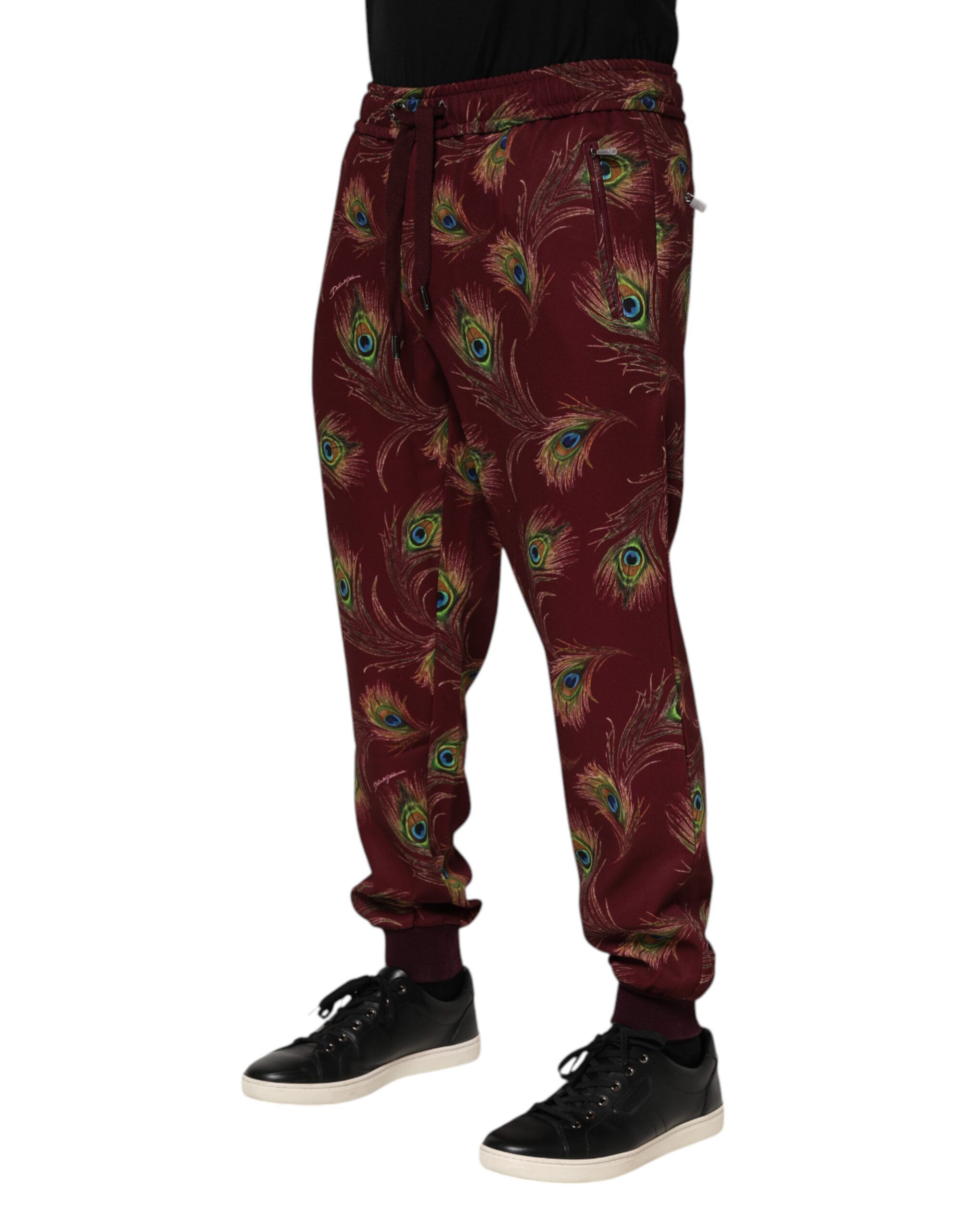 Dolce & Gabbana Burgundy Peacock Feather Print Jogger Pants - Image 3