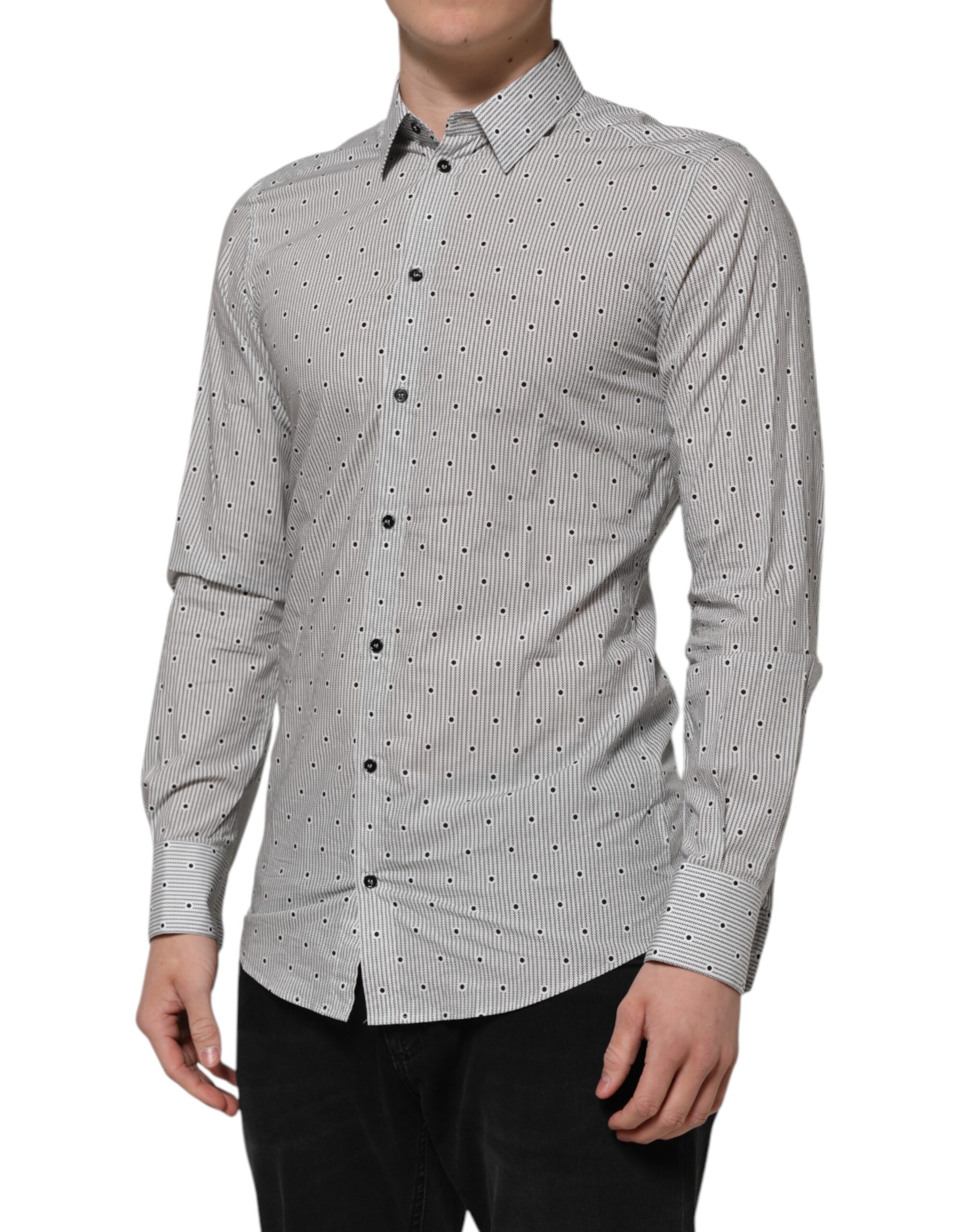 Dolce & Gabbana Gray Dotted Semi Fitted GOLD Men Formal Shirt - Image 3