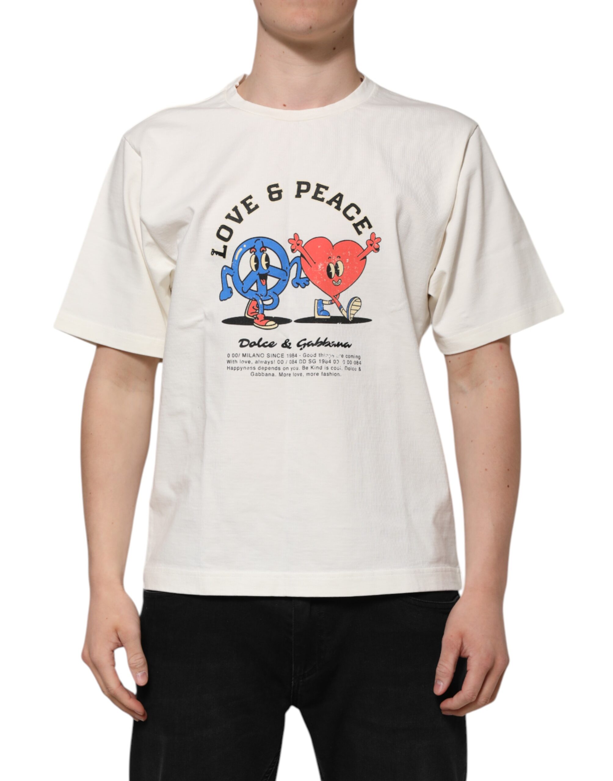 Dolce & Gabbana White Love Peace Cotton Men Crew Neck T-shirt - Image 2