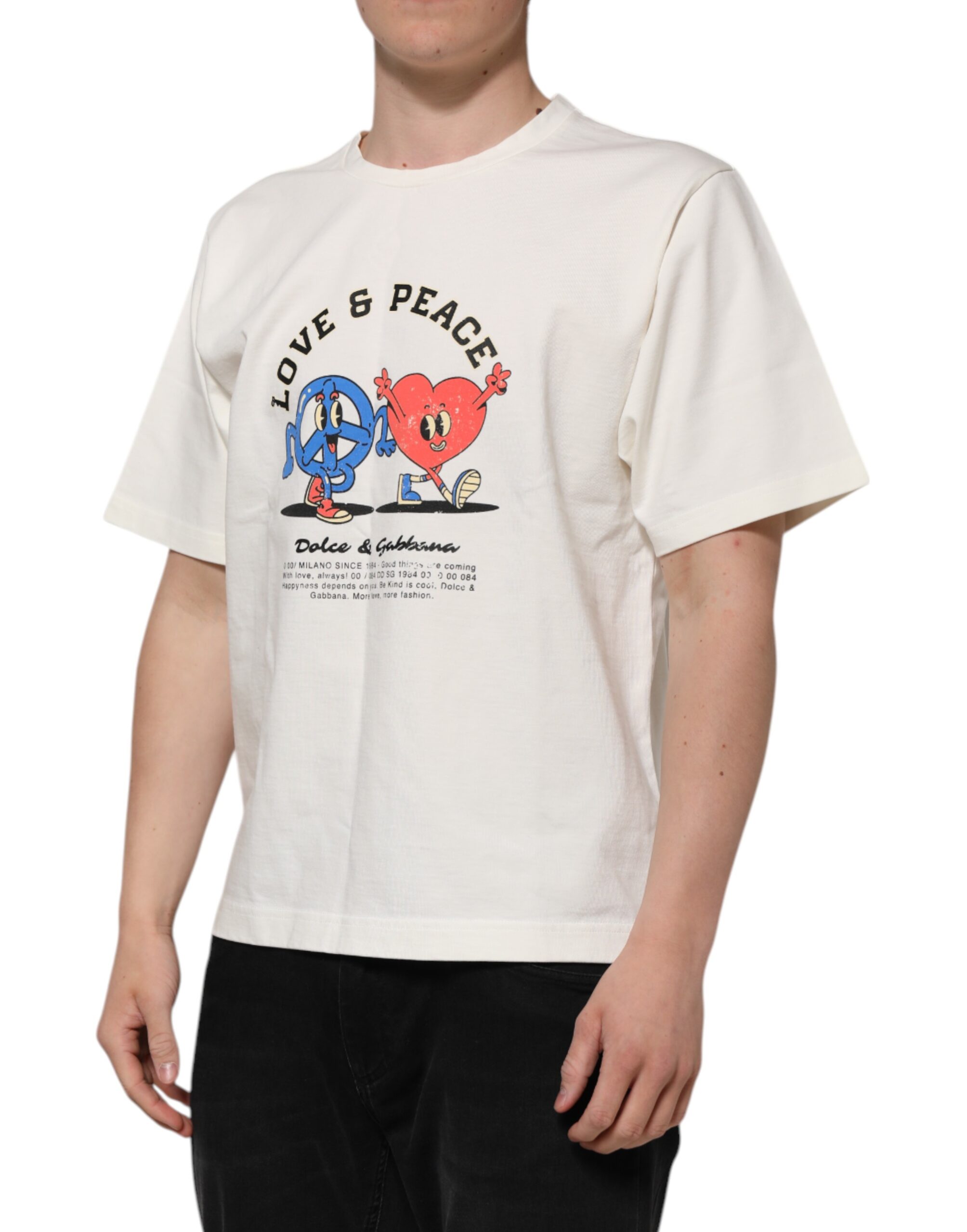 Dolce & Gabbana White Love Peace Cotton Men Crew Neck T-shirt - Image 3