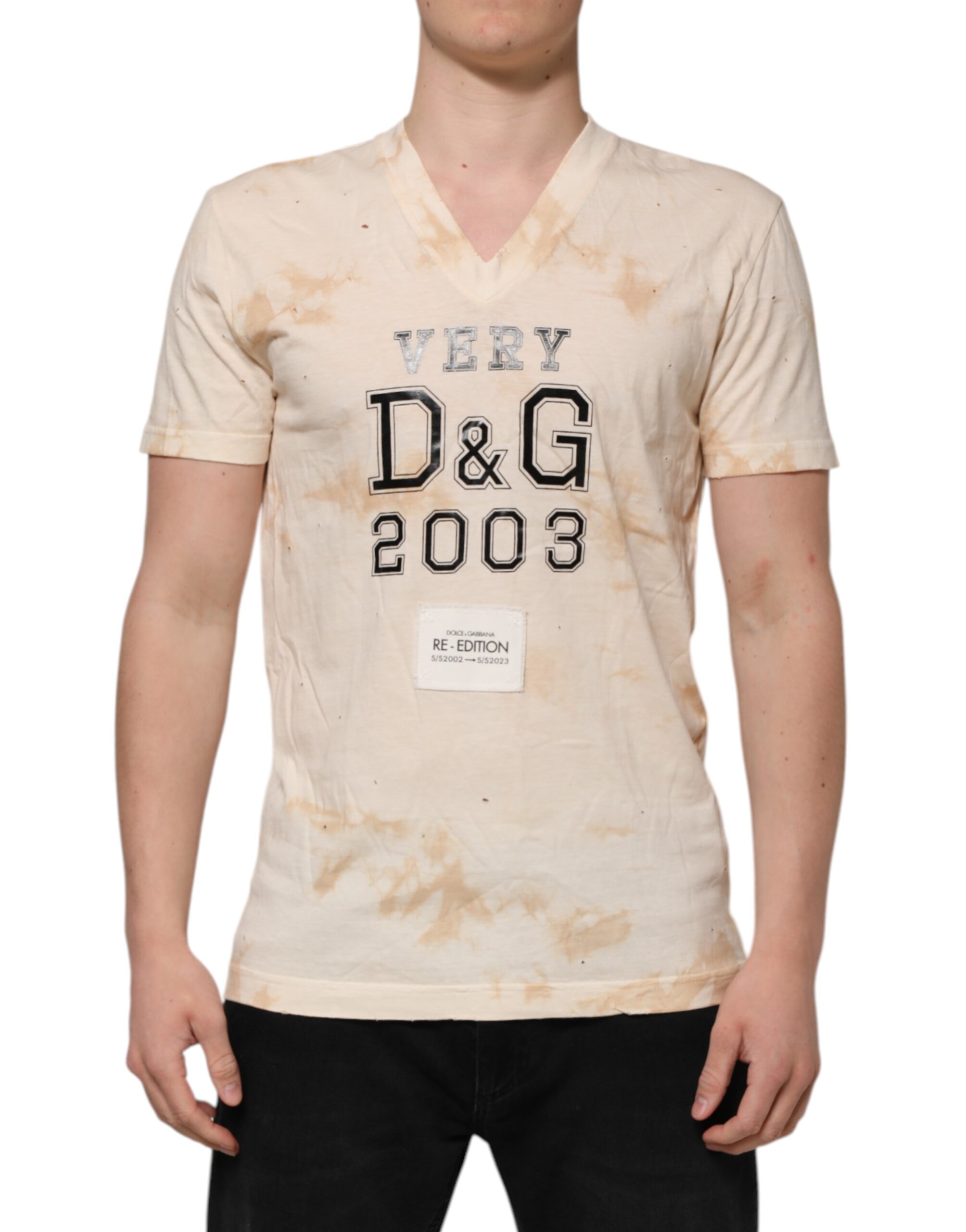 Dolce & Gabbana Beige Logo Print Short Sleeve V-neck T-shirt - Image 2