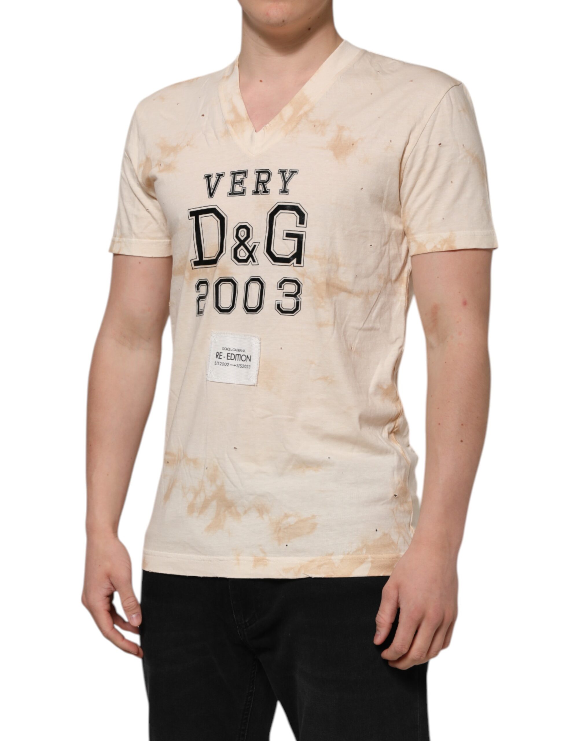 Dolce & Gabbana Beige Logo Print Short Sleeve V-neck T-shirt - Image 3