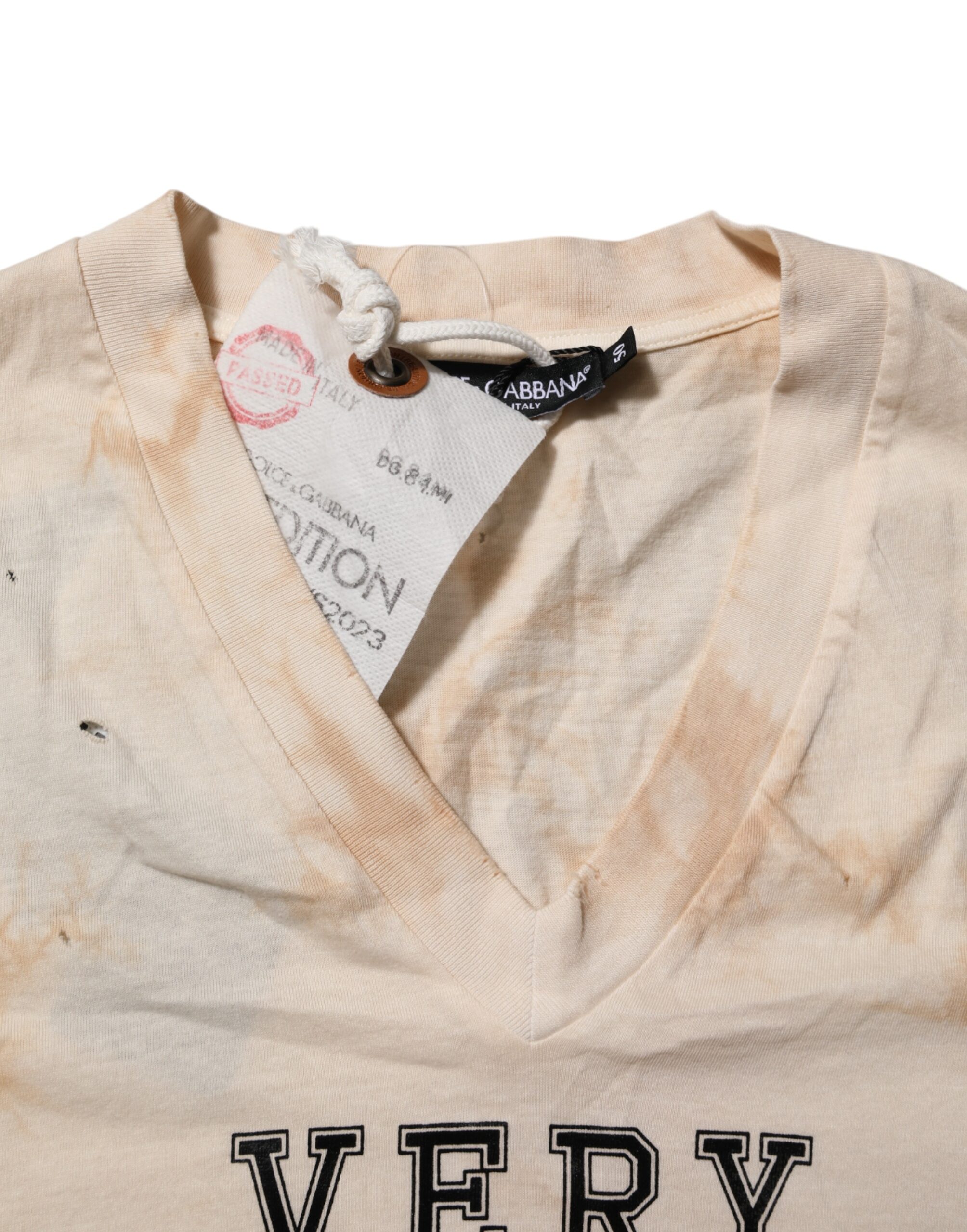Dolce & Gabbana Beige Logo Print Short Sleeve V-neck T-shirt - Image 5