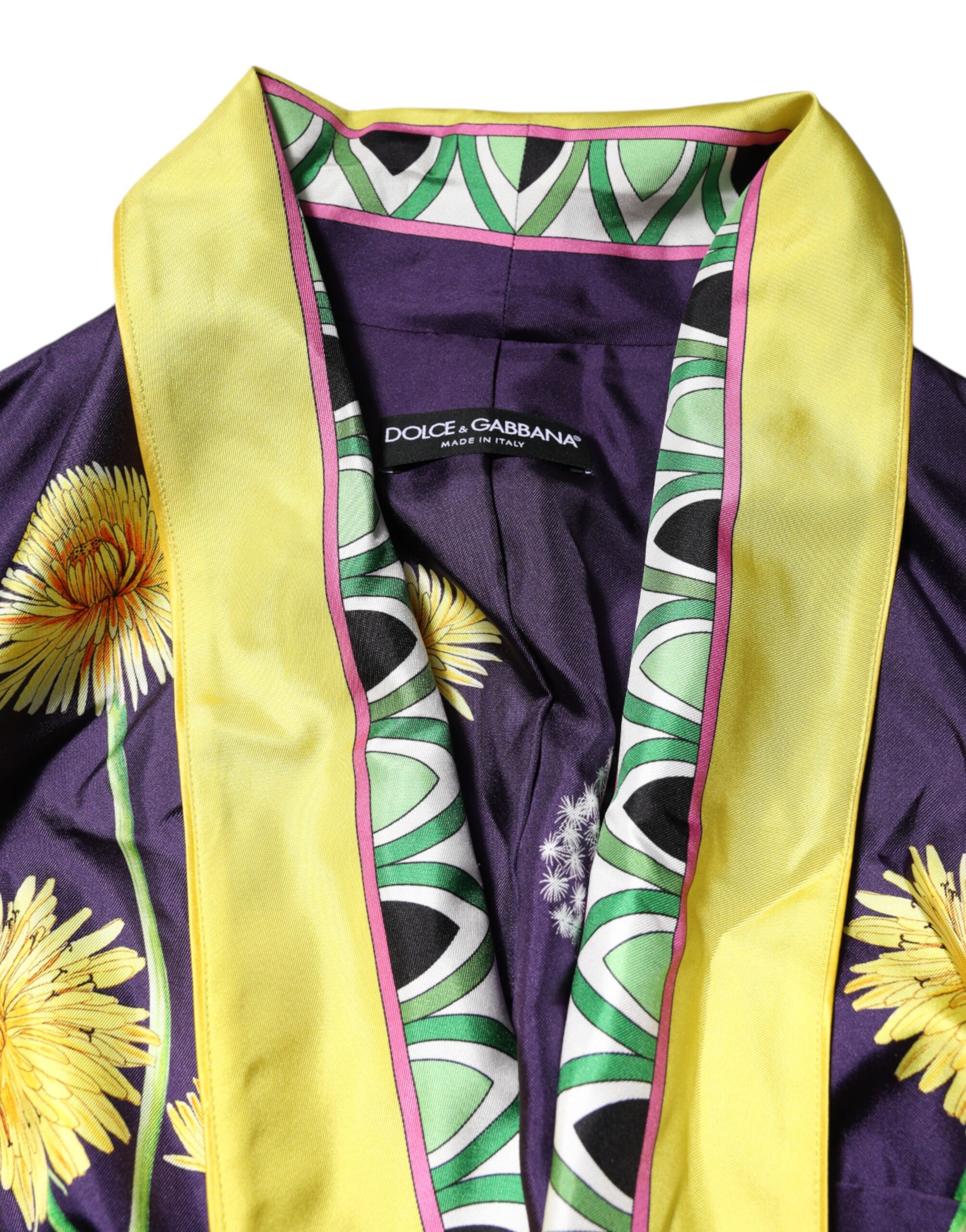 Dolce & Gabbana Blue Floral Print Silk Long Sleeves Wrap Robe - Image 4