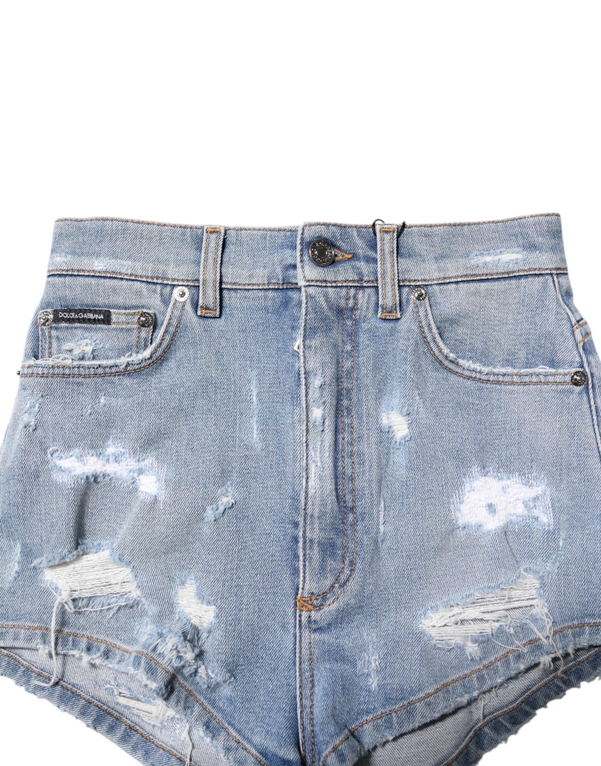 Dolce & Gabbana Blue Tattered Denim Cotton Hot Pants Shorts - Image 4