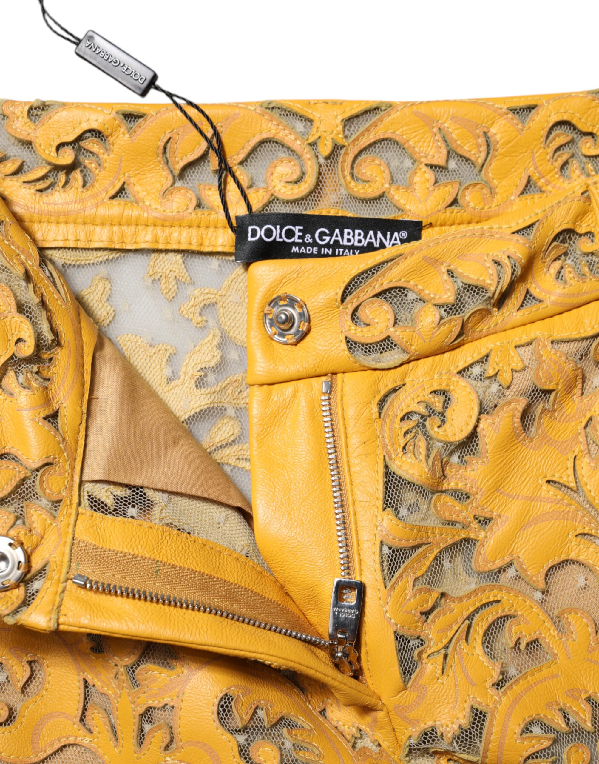 Dolce & Gabbana Yellow Floral Lace Mid Waist Capri Pants - Image 4