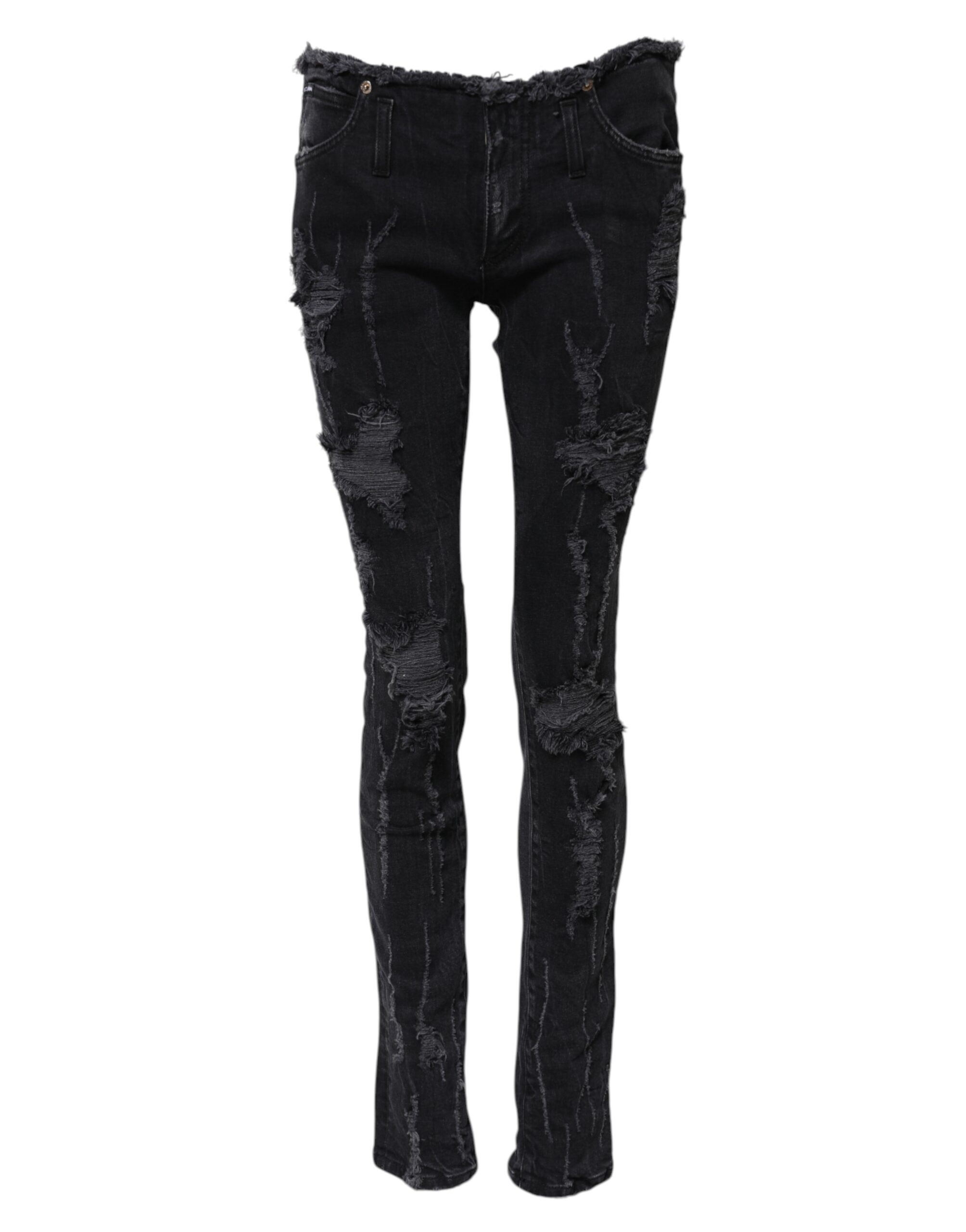 Dolce & Gabbana Black Cotton Tattered Skinny Denim Jeans - Image 2