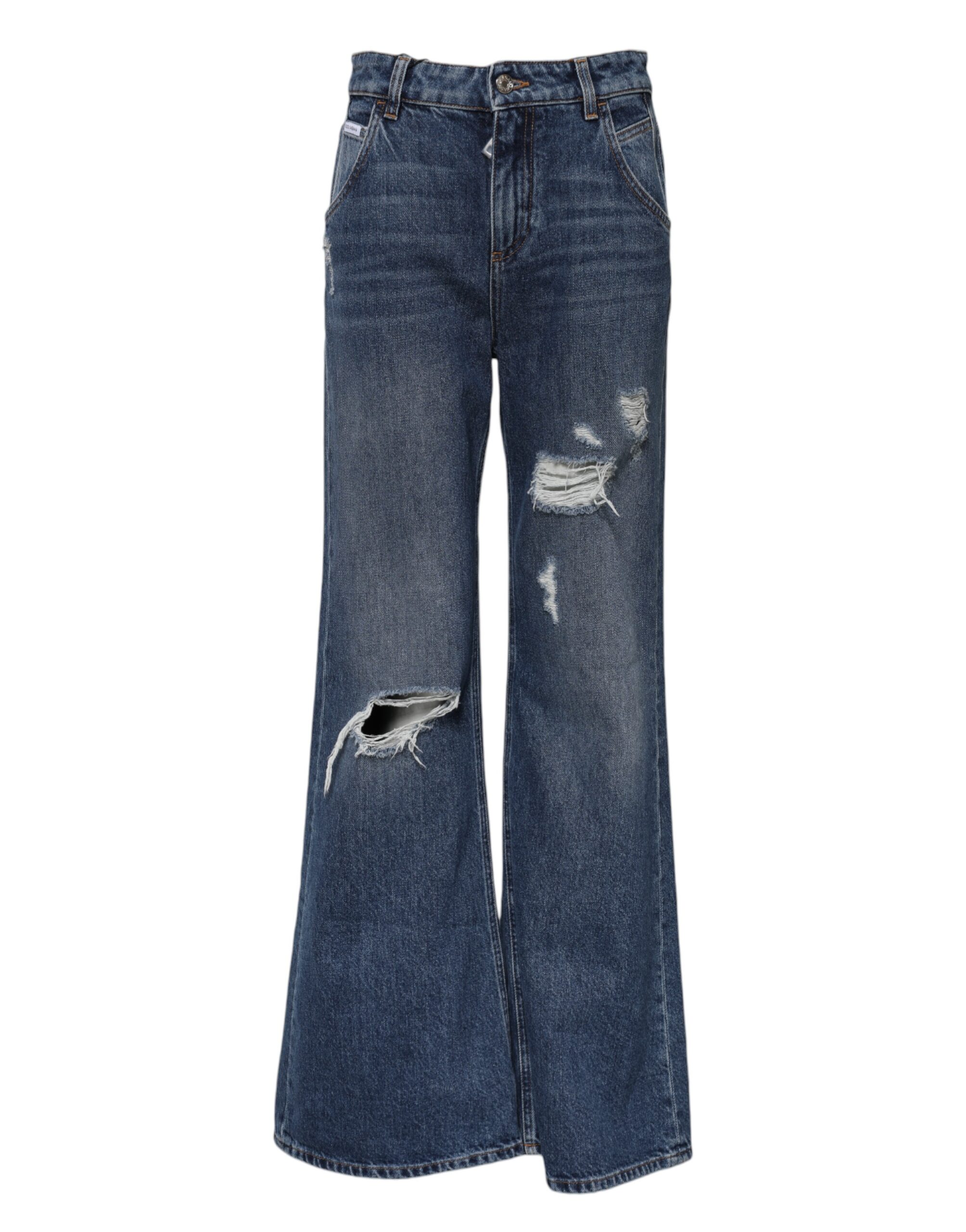 Dolce & Gabbana Blue Cotton Wide Leg Tattered Denim Jeans - Image 2