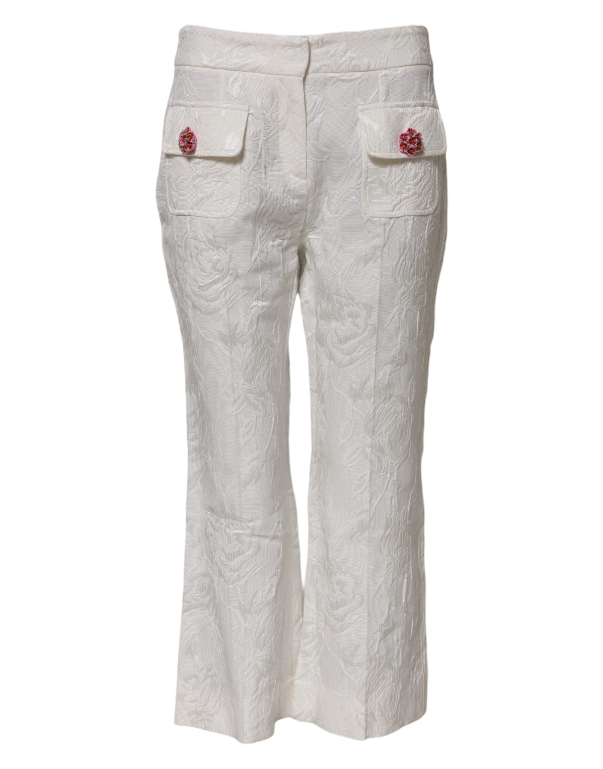 Dolce & Gabbana White Cotton Floral Jacquard Pants - Image 2