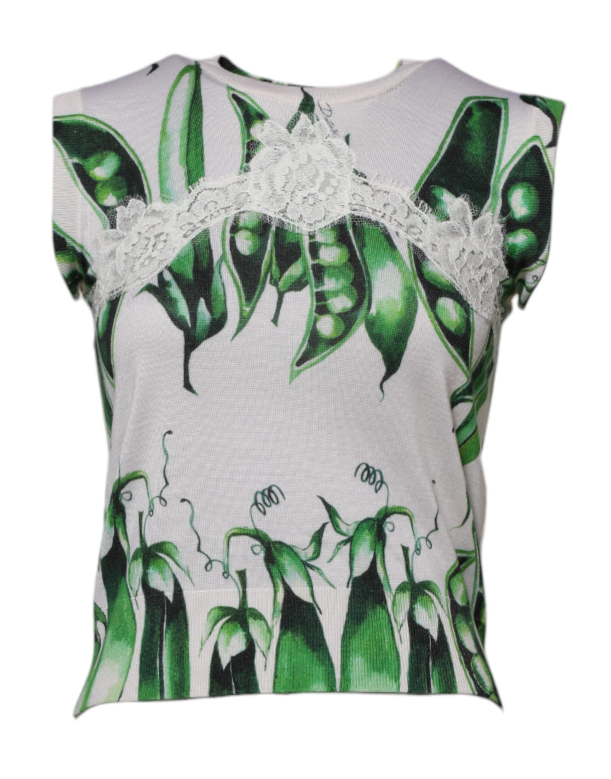 Dolce & Gabbana White Green Pea Print Sleeveless Blouse Top - Image 2