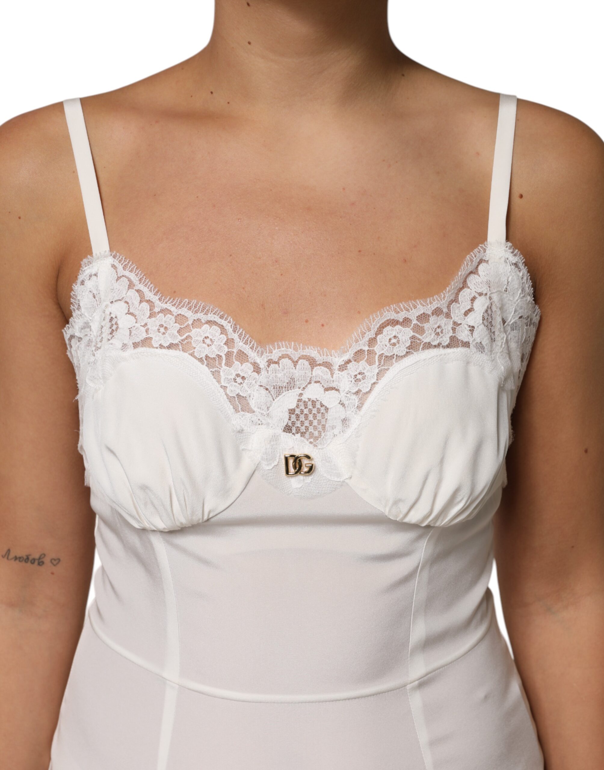 Dolce & Gabbana White Lace DG Logo Silk Dress Sleepwear - Image 5
