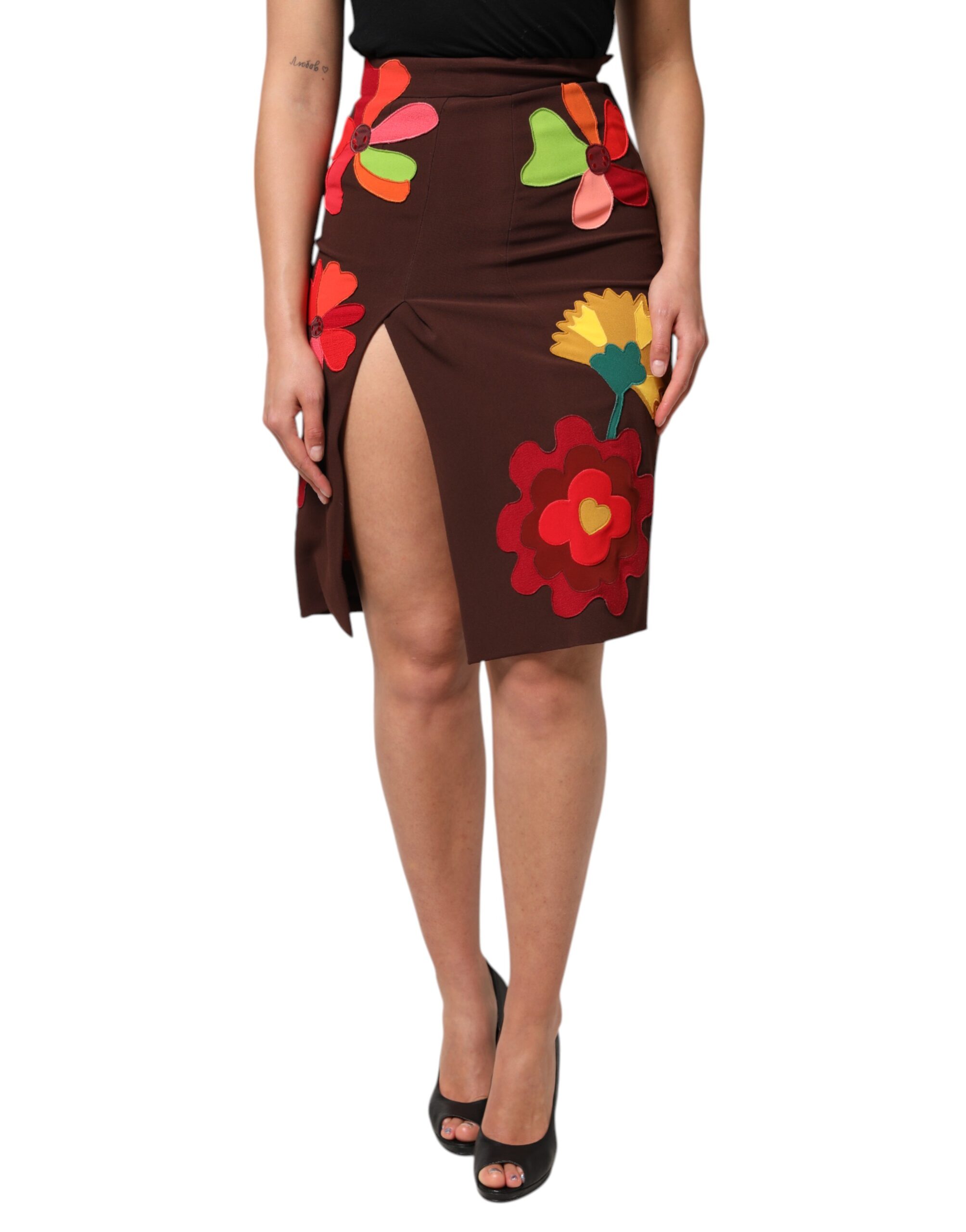 Dolce & Gabbana Brown Floral High Waist Side Slit Skirt - Image 2