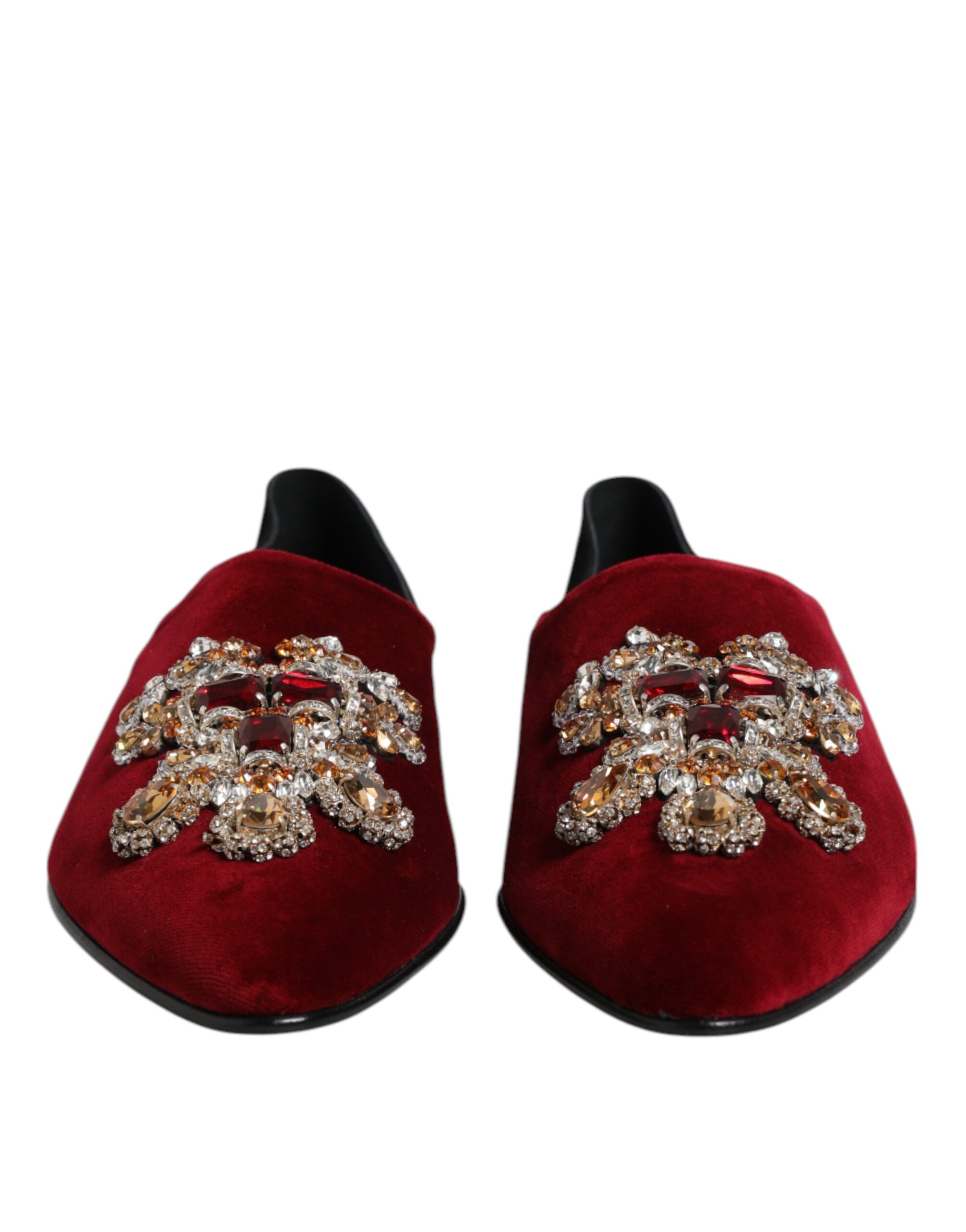 Dolce & Gabbana Black Red Velvet Embellished Slip On Shoes - Image 2